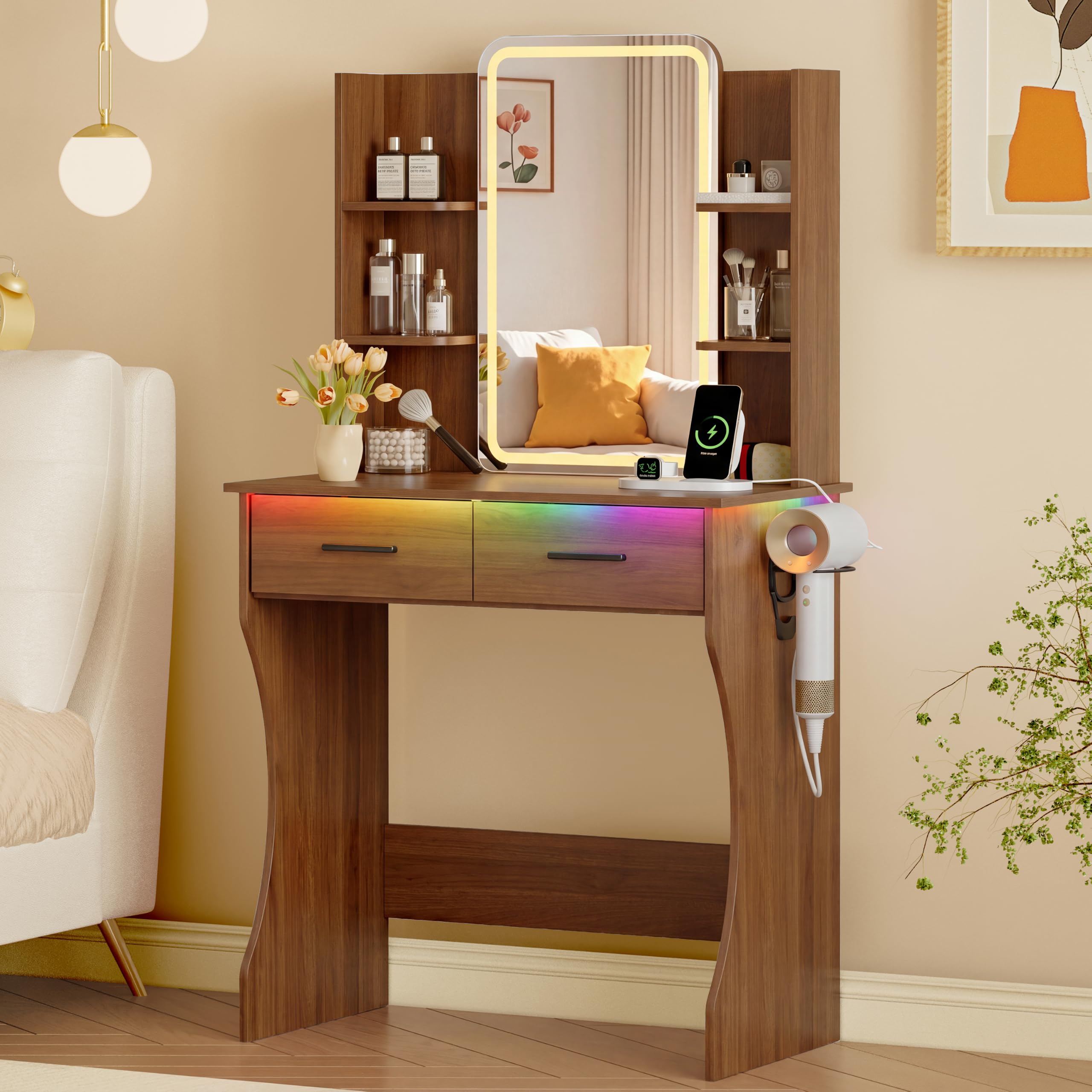 Xixini Vanity Desk with LED Lights Mirror &amp; Power Outlet, Small Makeup Vanity Table Set with Storage Drawers, 3 Lighting Modes &amp; Adjustable Brightness, Dressing Table for Women Girls Bedroom, Walnut