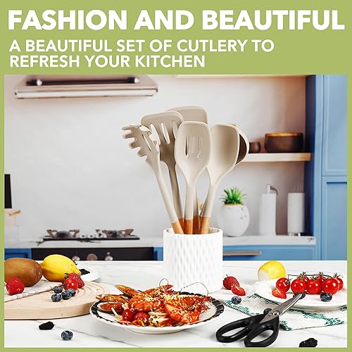 Miniatura 4 de Juego de 7 utensilios de cocina de silicona resistentes al calor, mango de madera y silicona de grado alimenticio, espátula, cucharón de sopa,