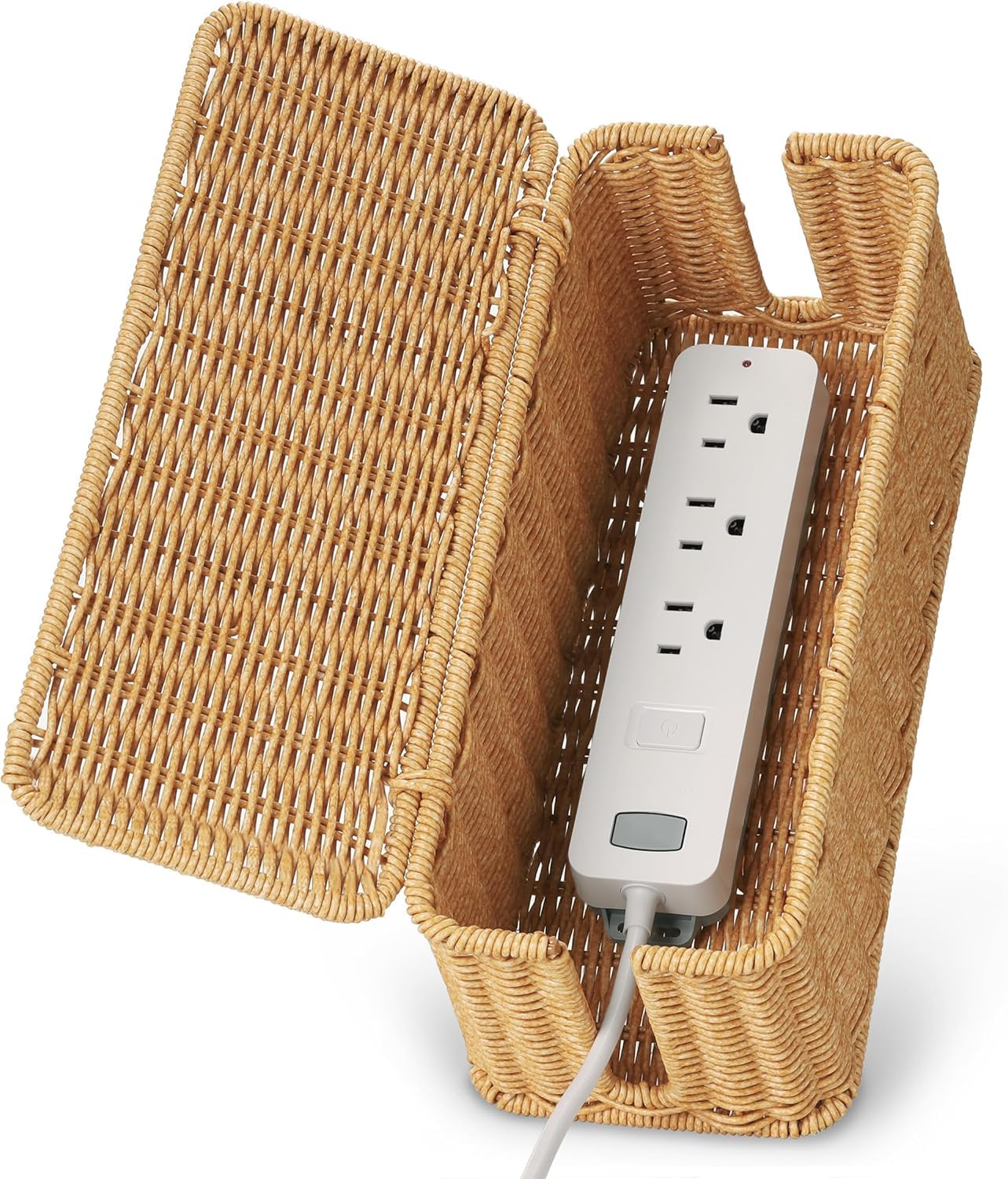 Soko Woven Faux Rattan Cable Management Box| Cord Hider with Lid, 2 Open Slots Surge Protector | Power Strips, Router, TV, Gadget Wires Organizer Tray for Desktop, Table-Home, Office (Large) Natural