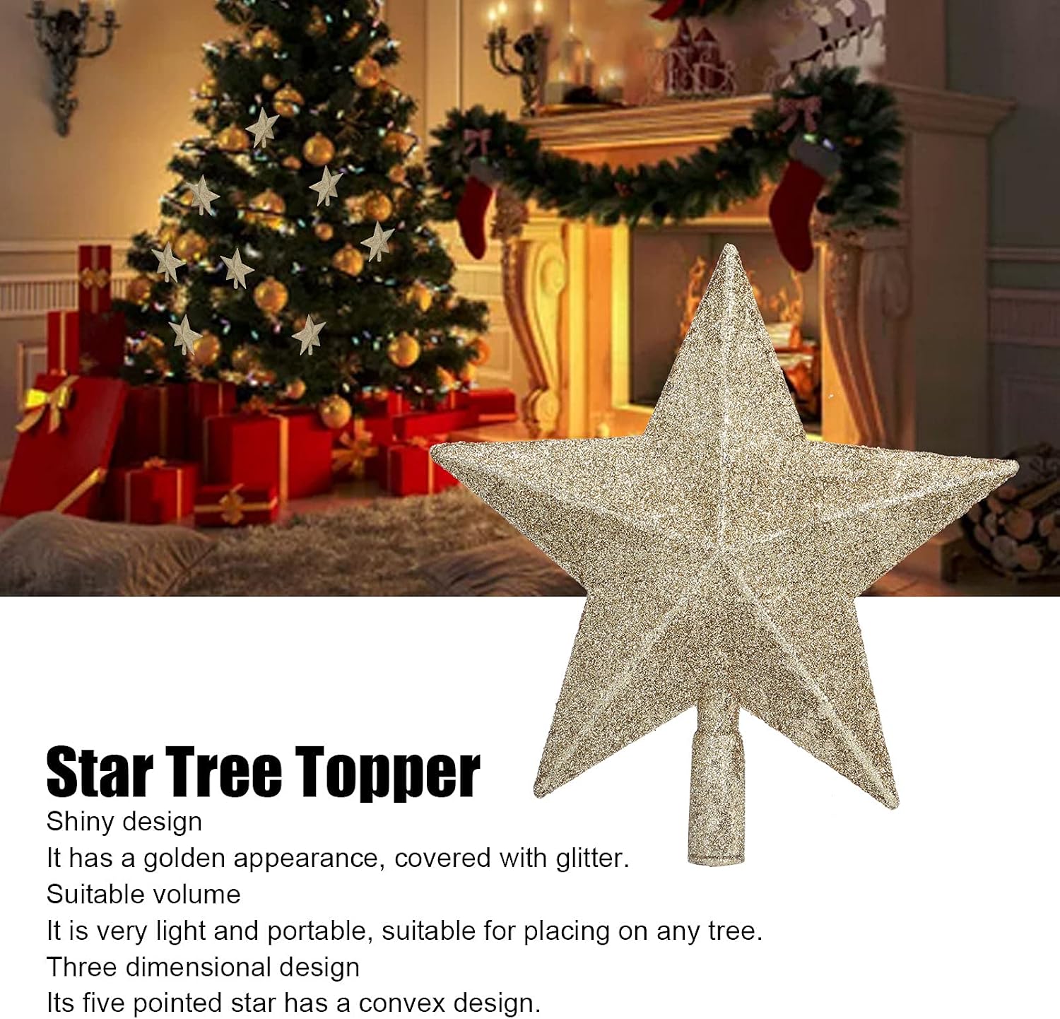 Star Decorated Christmas Tree Topper, Gold Lightweight Glitter Mini ...