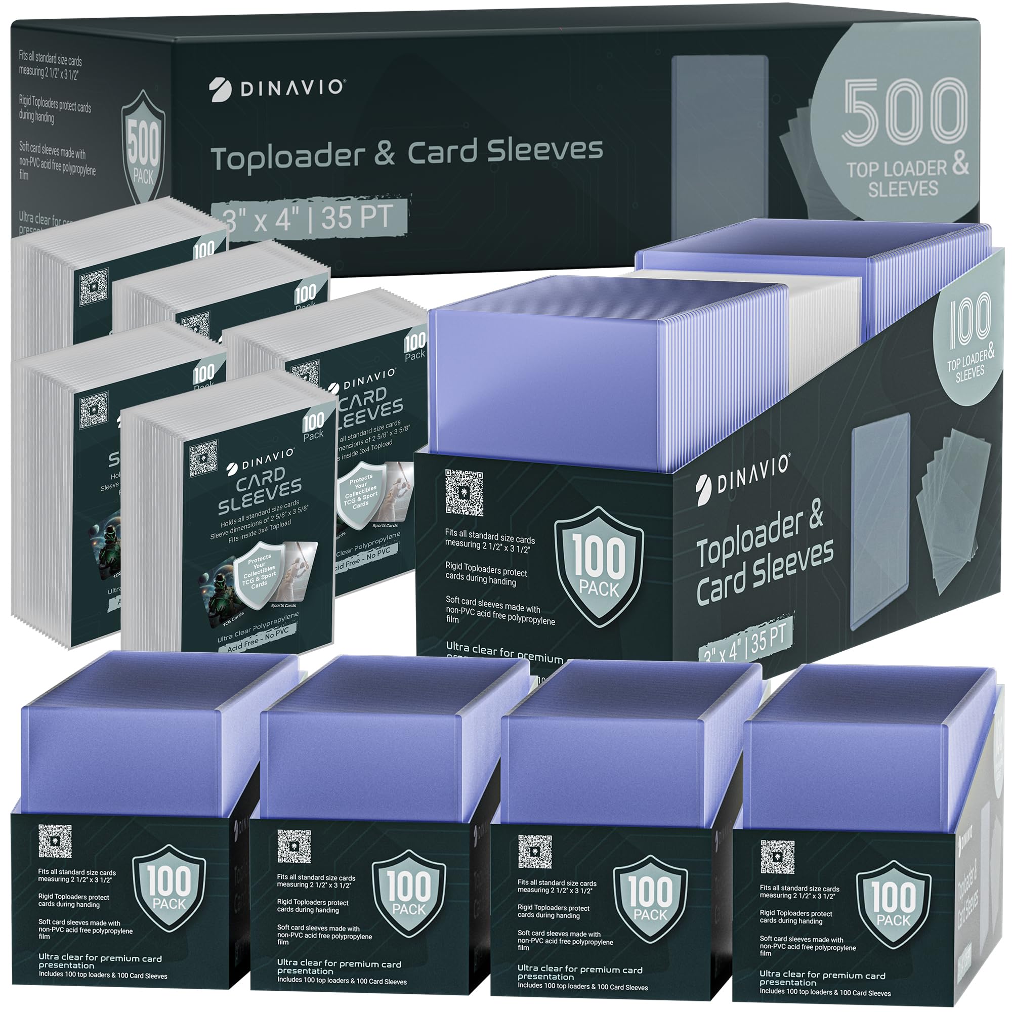 Dinavio Crafthouse プレミアムカードスリーブ 1000枚 + カード用トップローダー - 35ポイント トップローダー 3x4 - PKMN Baseball MTG Lorcana YGOに対応 (トップローダー500枚 + スリーブ500枚)