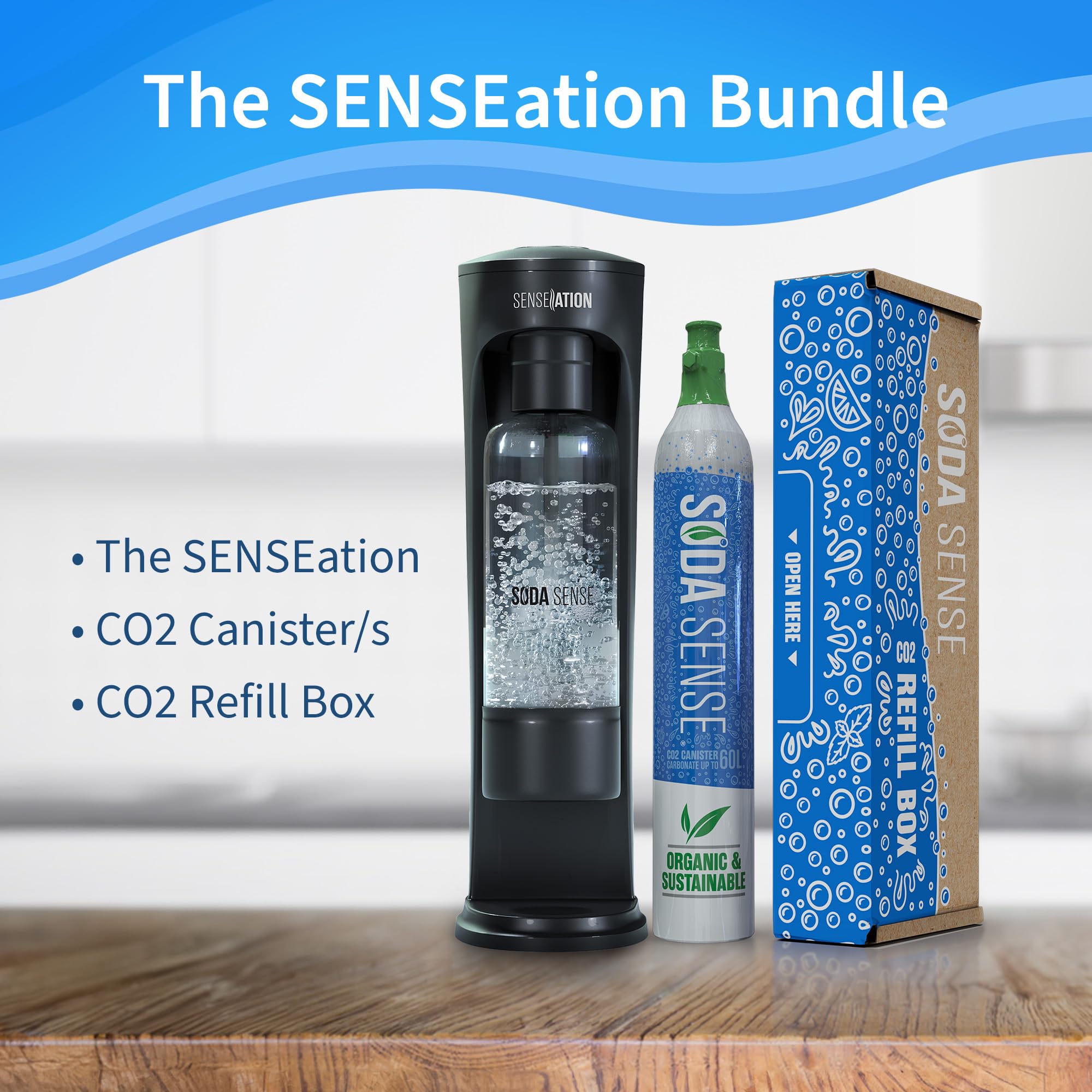 Soda Sense SENSEation Sparkling Water Maker Bundle, Includes Machine, 1 Threaded CO2 Canister & Re-usable Carbonation Bottle