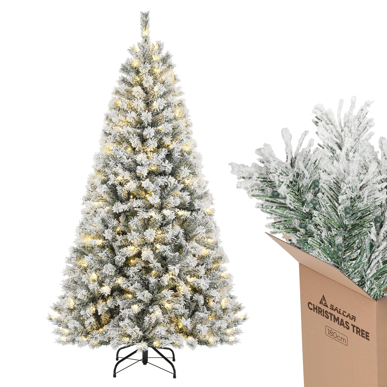 SALCAR Arbol de Navidad Blanco Artificial 180 cm, Árbol de Navidad Nevado con Guantes y 828 Puntas de Rama, Pino de Navidad con Soporte de Madera, Abeto, Ignífugo