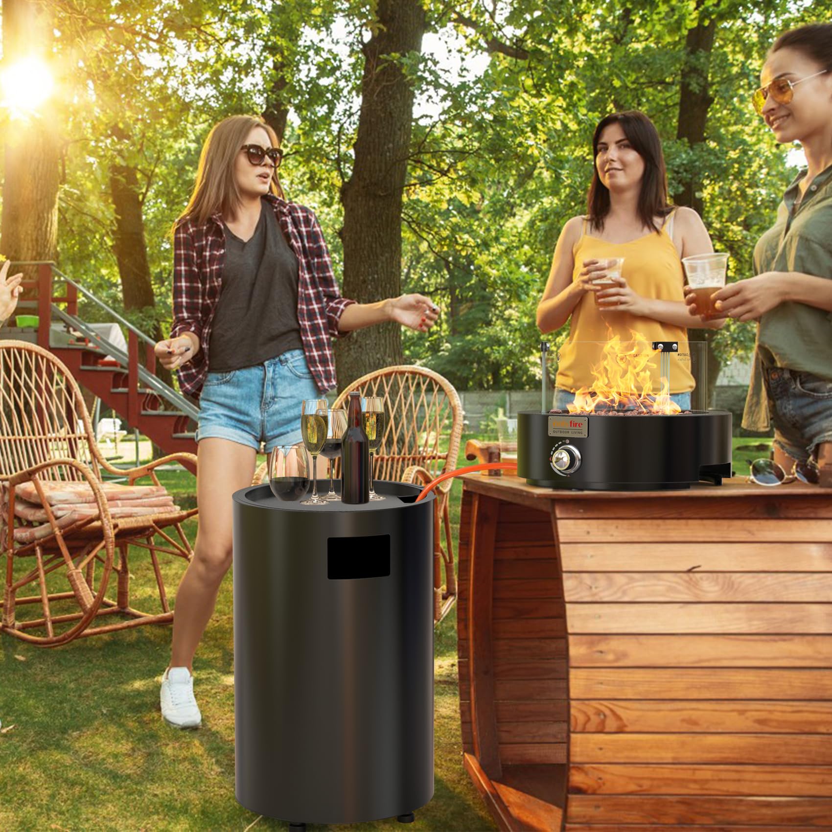 Onlyfire Fogata de gas redonda, calentador desmontable para patio al aire libre con rocas de lava, protector de viento de vidrio y ruedas, para patio, patio trasero, restaurante al aire libre, 6,85 kW