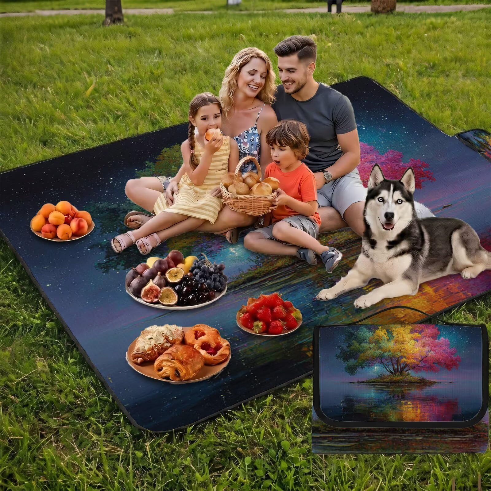 Couverture Pique Nique Grande 200x300cm,Outdoor Couverture Imperméable,Pliable Tapis de Plage Dos en PVC,Picnic Blanket pour Camping Accessoires,Jardin,Parc - l'arbre de Vie,Le Ciel Étoilé (2) UZ-840