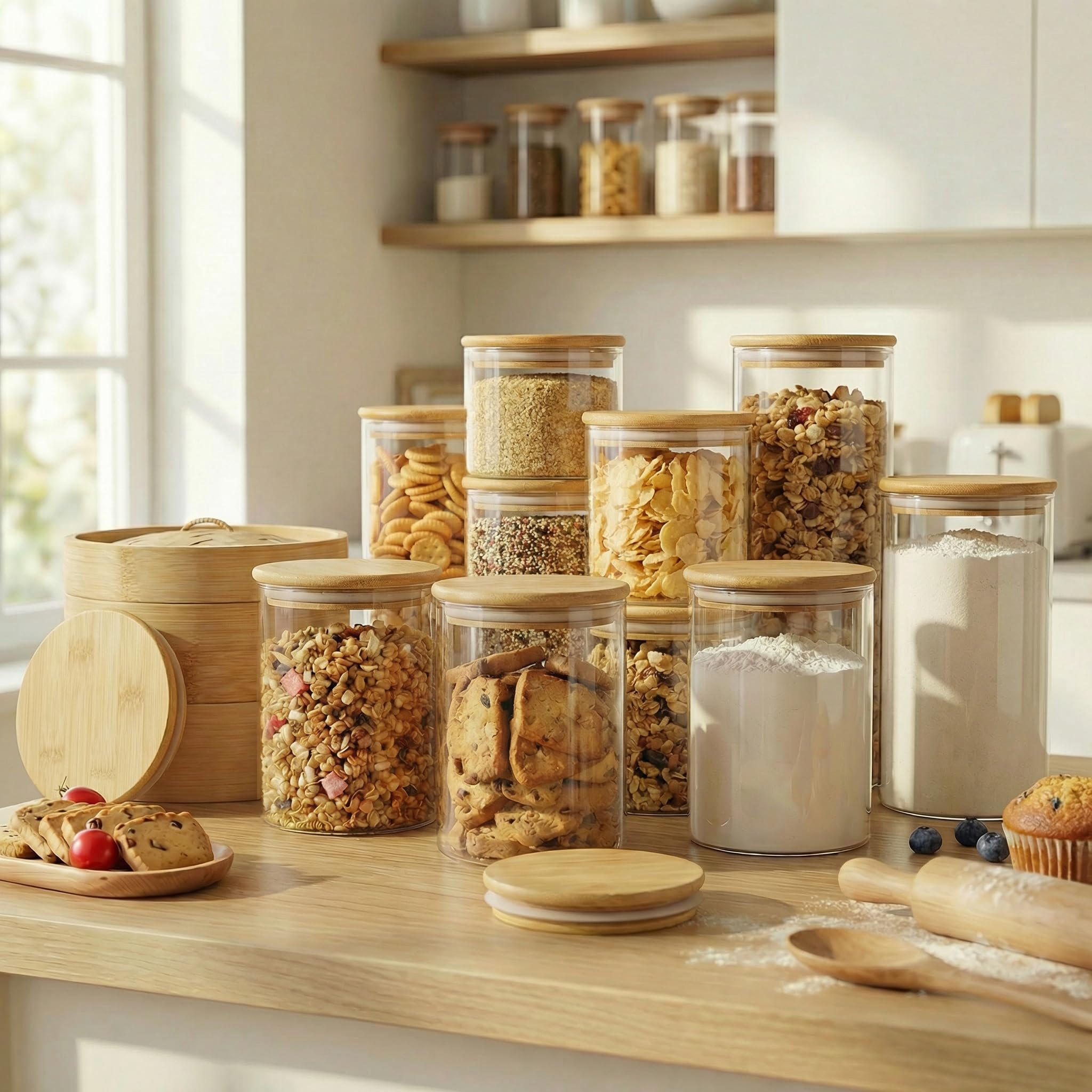 HomArtist Tarros de vidrio con tapas de bambú de 27 onzas líquidas (juego de 6), recipientes de vidrio con tapas herméticas, recipientes de vidrio para almacenamiento de alimentos para café, azúcar,