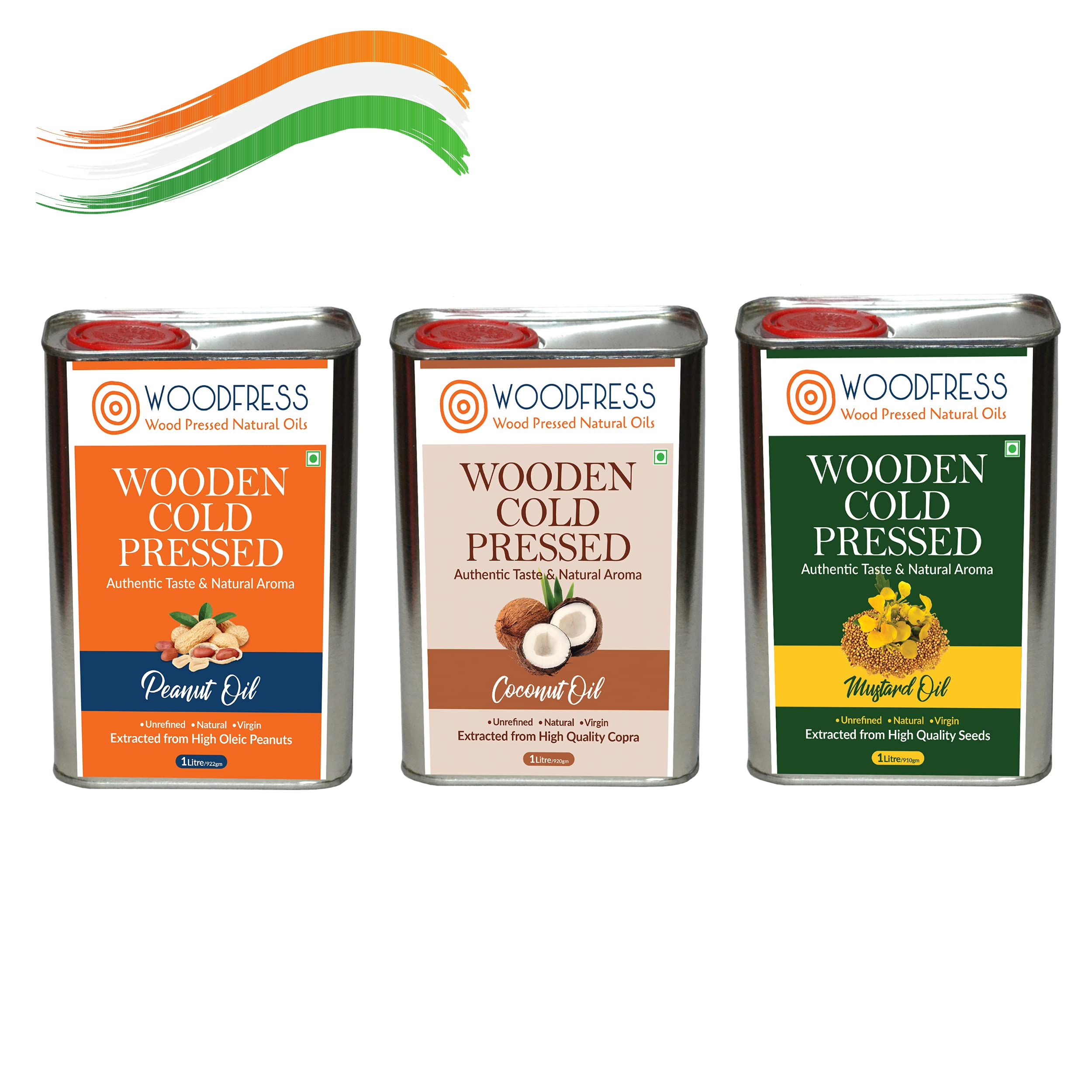 WOODFRESS Freedom Pack of Cold Pressed Oils 1L Each - Groundnut, Coconut & Mustard - Wood Pressed Cooking Oils