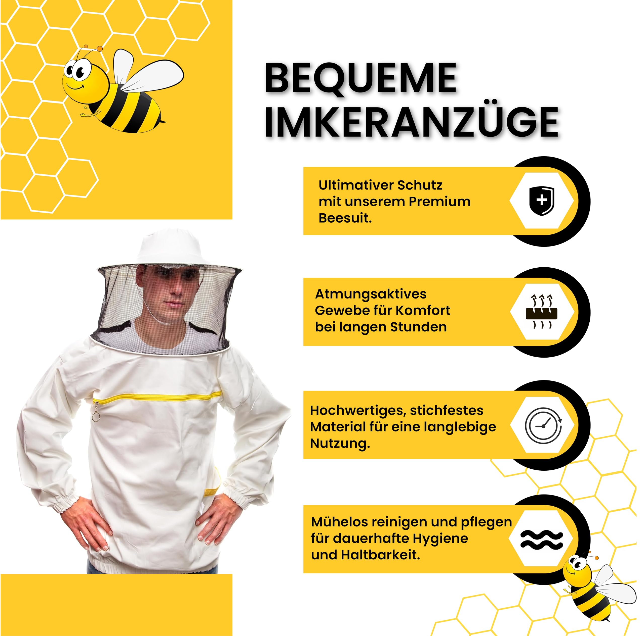 BEEART Professionelle Imkerjacke Imkerbluse aus Baumwolle– Imkerschutzkleidung – EU Qualität –Stichschutzanzug gegen Bienen & Insekten –Bequem & strapazierfähig –Mit Stoffhut & Schleier – Größen M–3XL