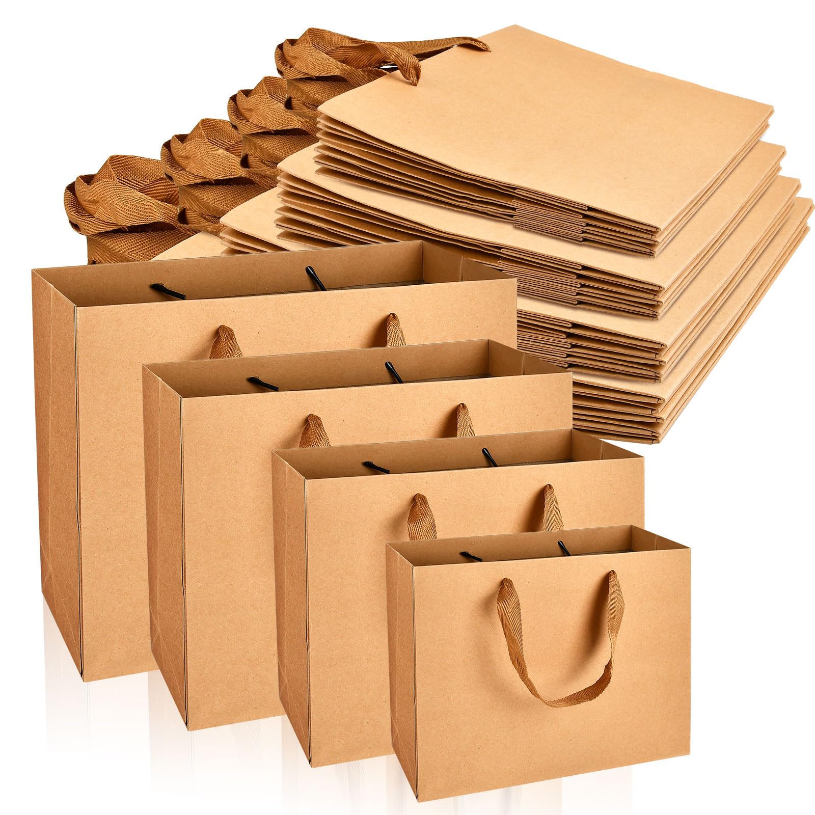 Lainballow 20 Pcs Brown Paper Gift Bags With Ribbon Handles - 4 Assorted Sizes Kraft Merchandise Bags for Business, Boutique, Retail, Holiday, Party