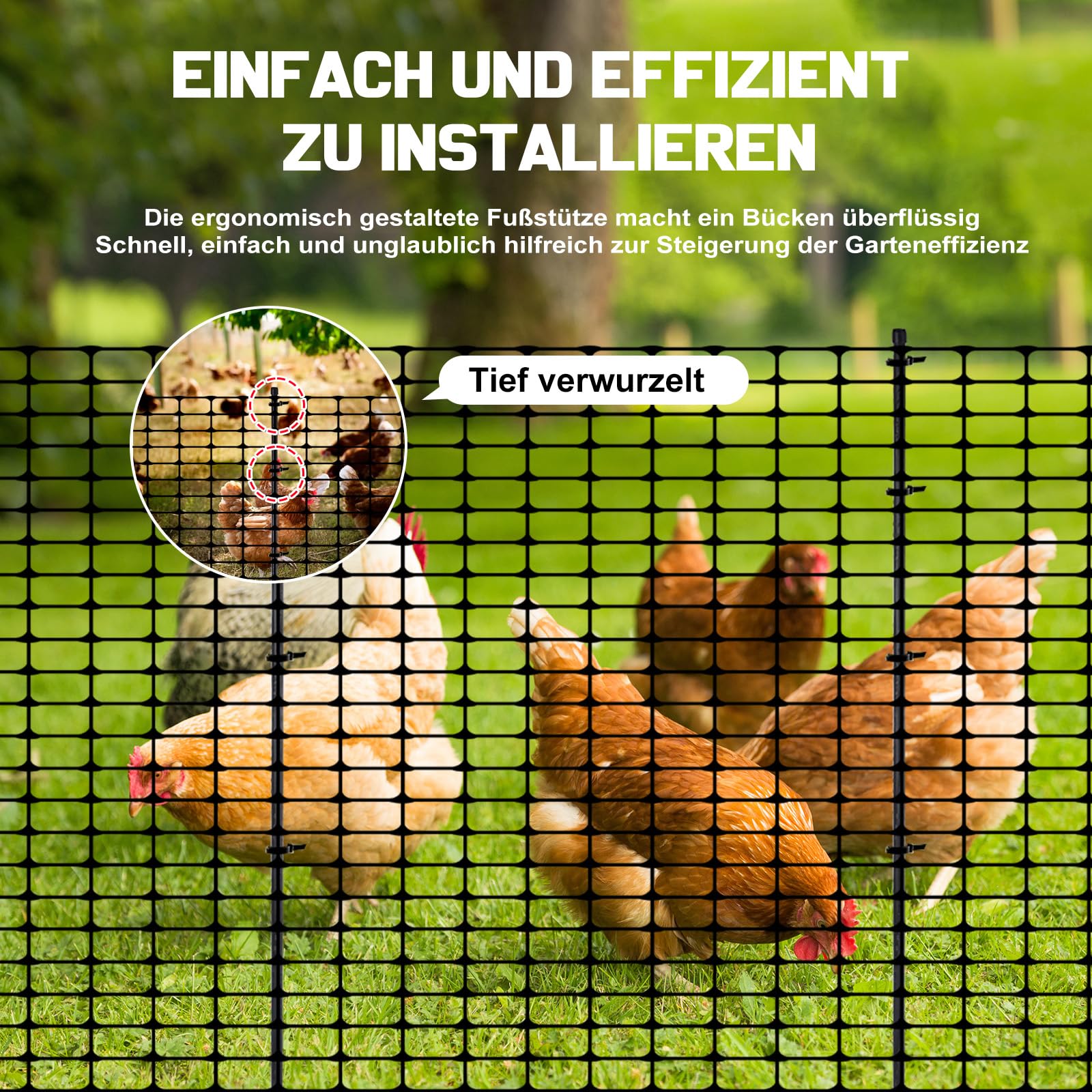 Mobiler Begrenzungszaun 100 cm hoch – 30 m Steckzaun mit 25 Pfählen, ohne Strom, engmaschig, grün | Hunde- & Hühnerzaun, Campingzaun