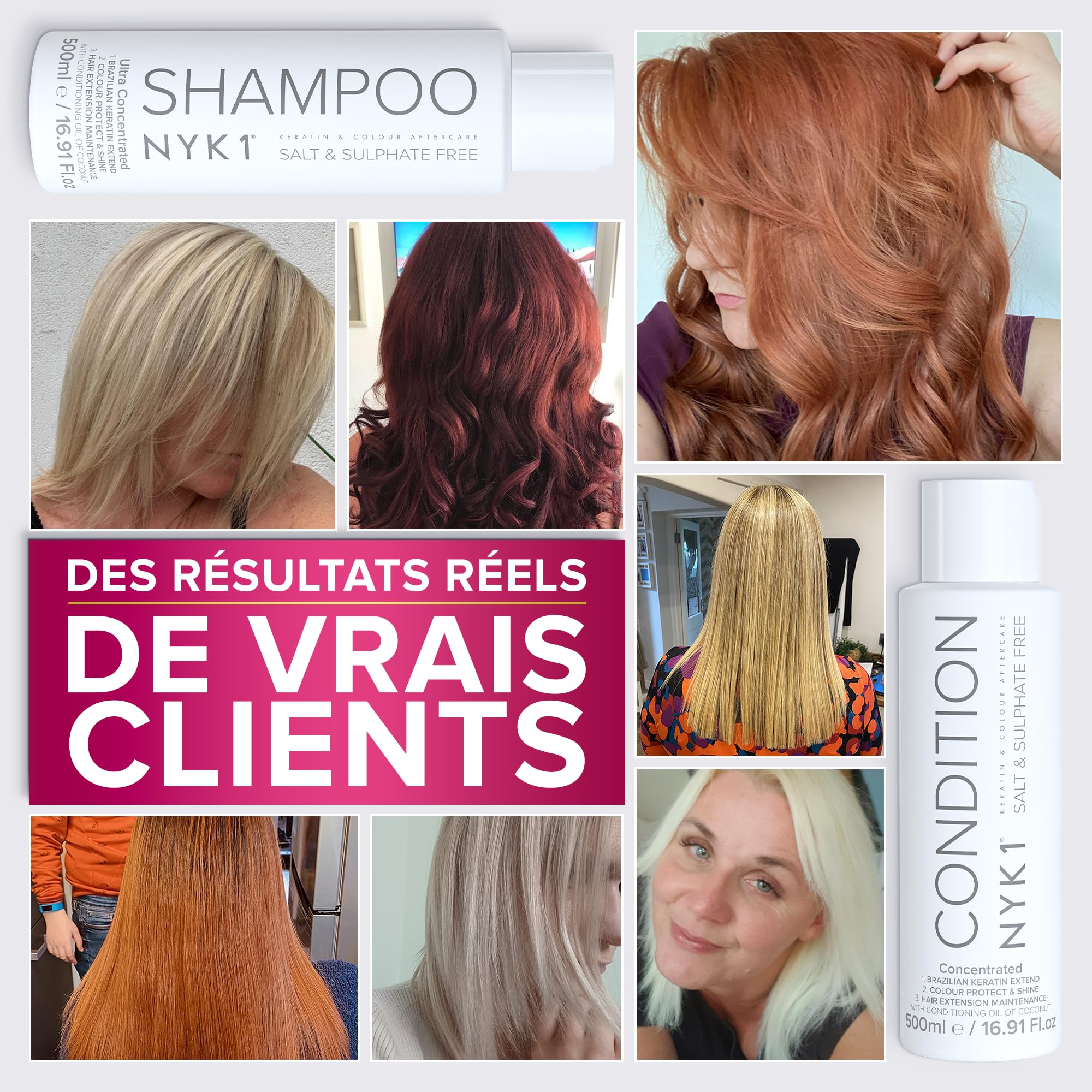 NYK1 Coffret Shampooing Et Apres Shampoing Sans Sulfate (500ml x2) Ensemble Shampoing Sans Sulfate Pour Extensions, Coloration Et Soin Kératine - Nettoyage En Douceur Et Prévention De La Casse