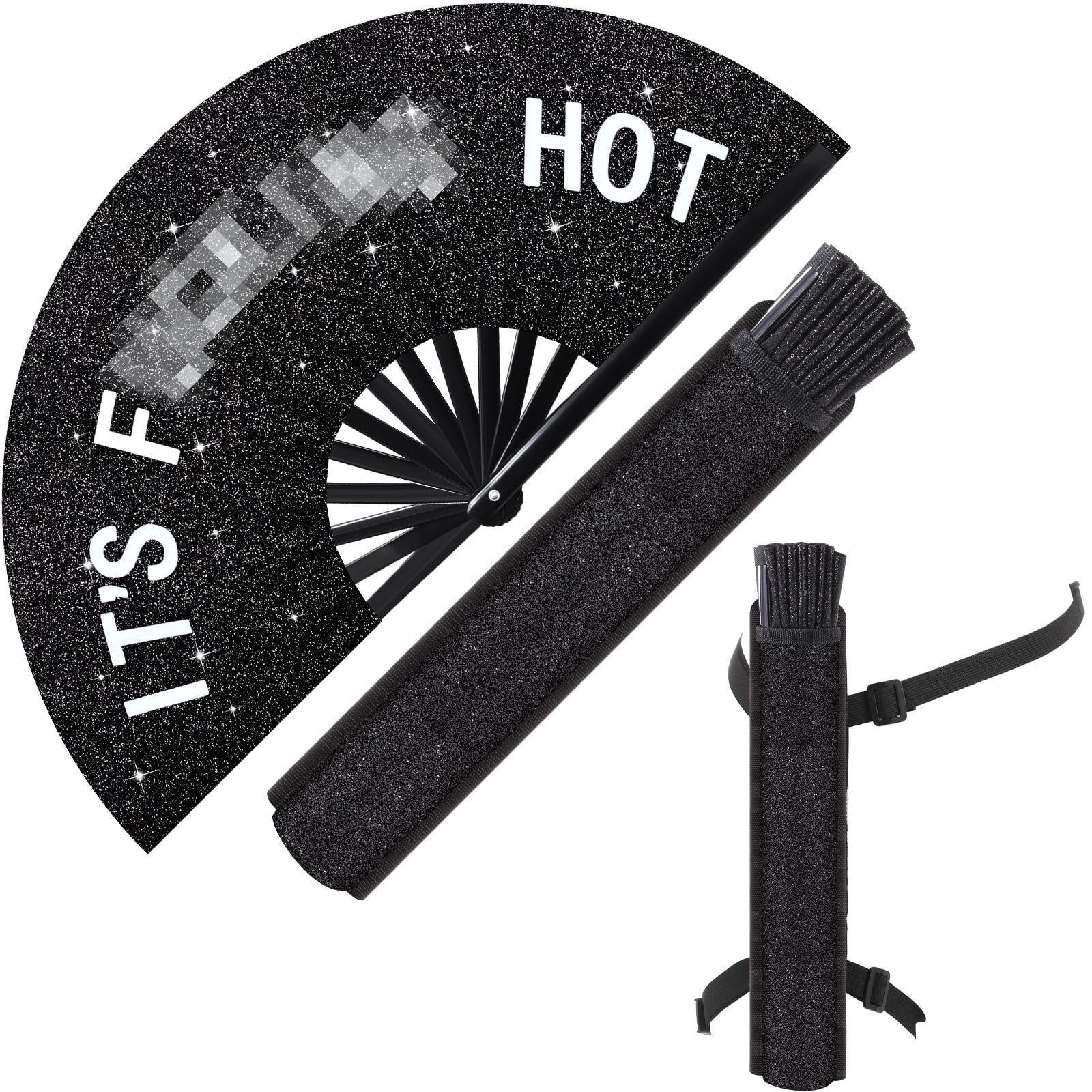 FairySandy Large Rave Fan UV Glow Clack Summer Hand Fan with Thigh Holster for Women Carnival Party Supplies for Carnival Edm Music Festival Club Accessories(Cool Style,Black)