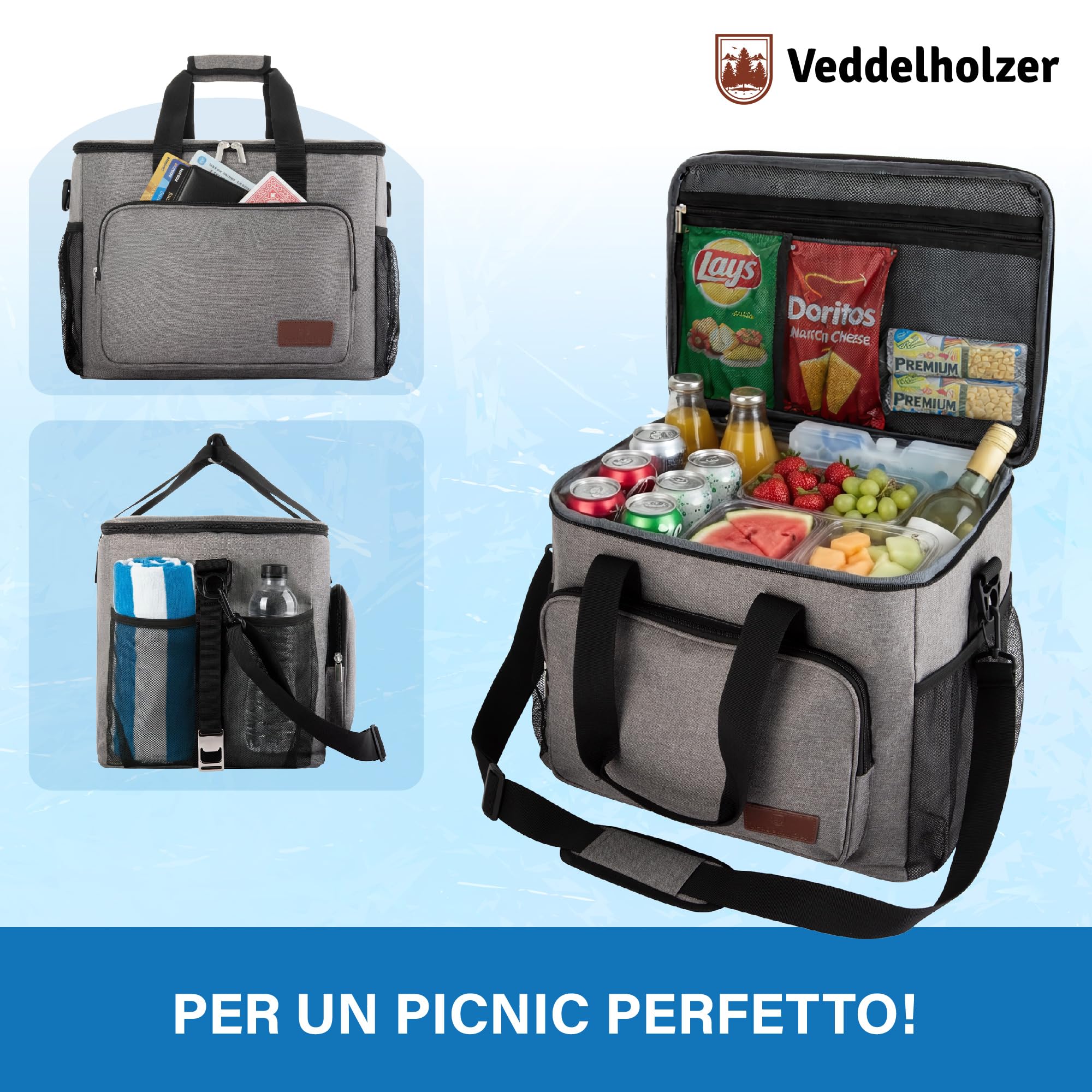 Veddelholzer XXL Borsa termica da 30 litri Borsa da picnic con tracolla Borsa termica e contenitore per il pranzo isolati e pieghevoli, borsa da trasporto per picnic, spiaggia e campeggio