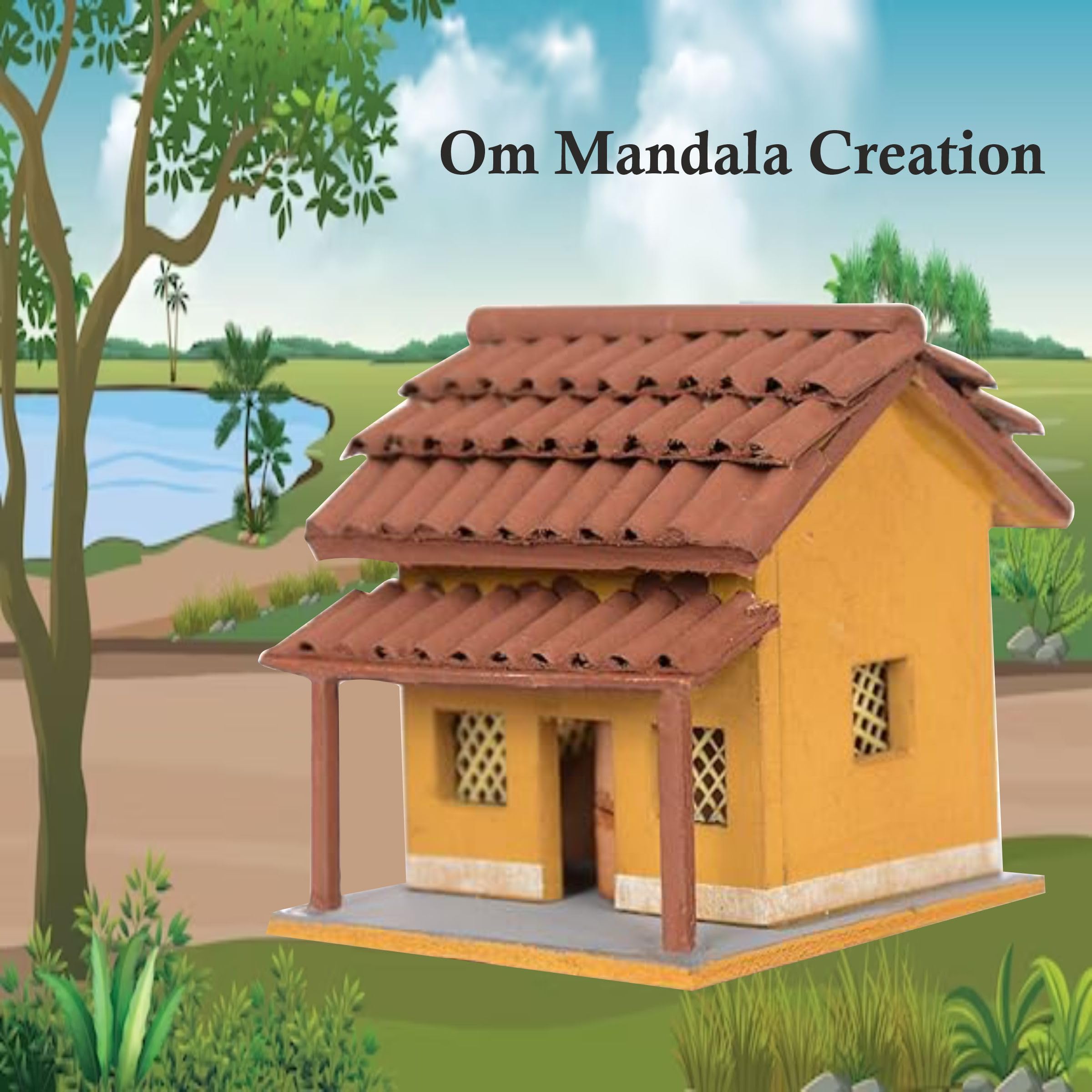 OM Mandala Creation Miniature Village Hut Model, Handcrafted Diorama with Tiles Roof, School Collage Project Art and Craft, Small Size 10 cm X 10 cm X 11cm - Image 3 thumbnail