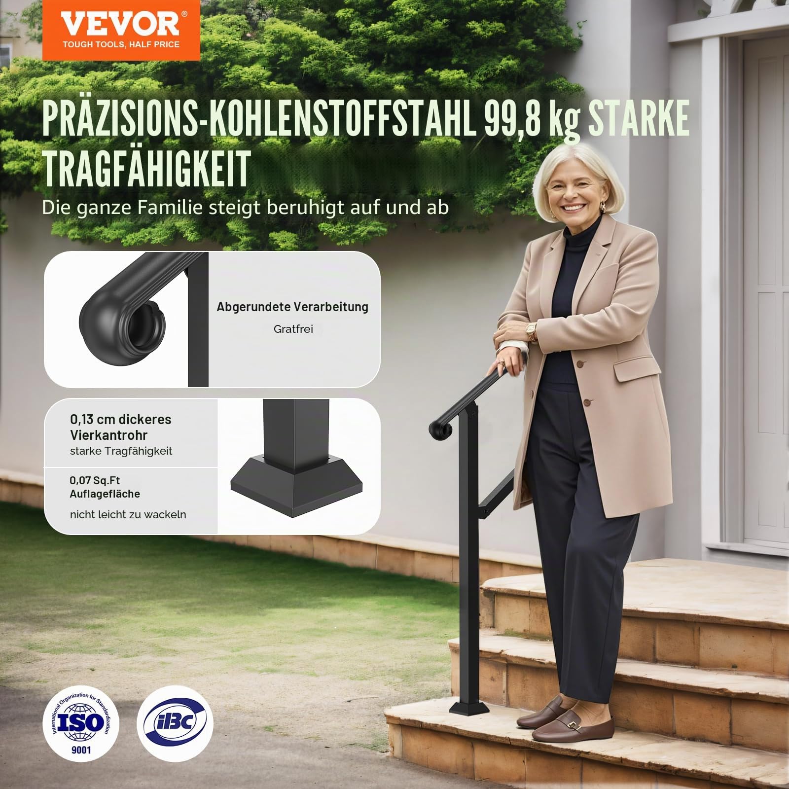 VEVOR Handläufe für Außentreppen, 2–3-stufiger Treppenhandlauf und Innengeländer-Set, Geländer für Außentreppen mit Montagesatz, Handläufe für Senioren, Verandageländer und Deckhandlauf, schwarz
