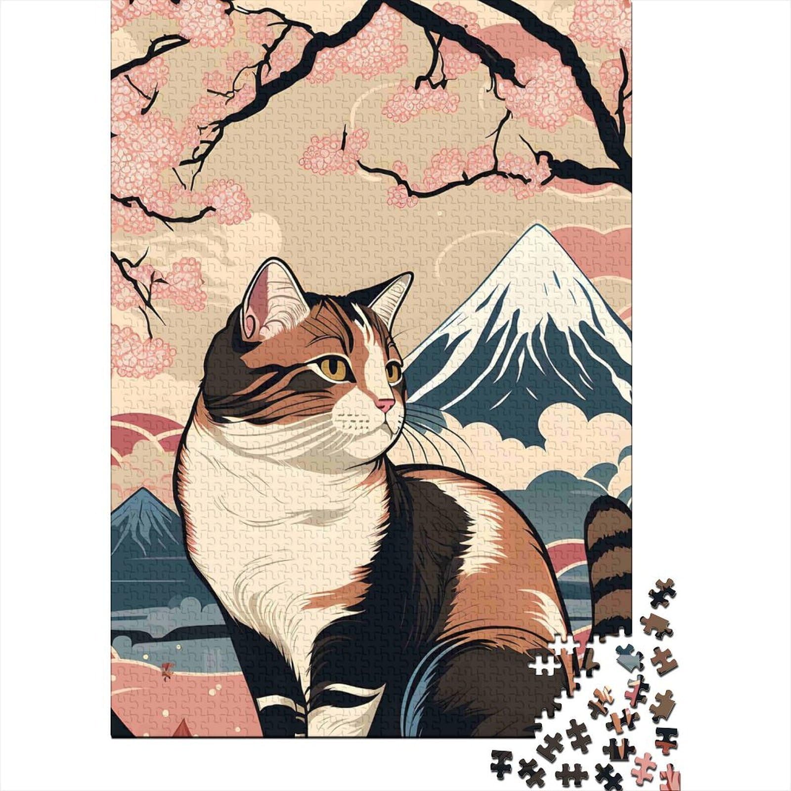 Japanese Cat 1000 Piece Jigsaw Puzzle Paperboard for Adults Spring Cherry Blossom Scene Wall Art Decor Stress Relief Activity