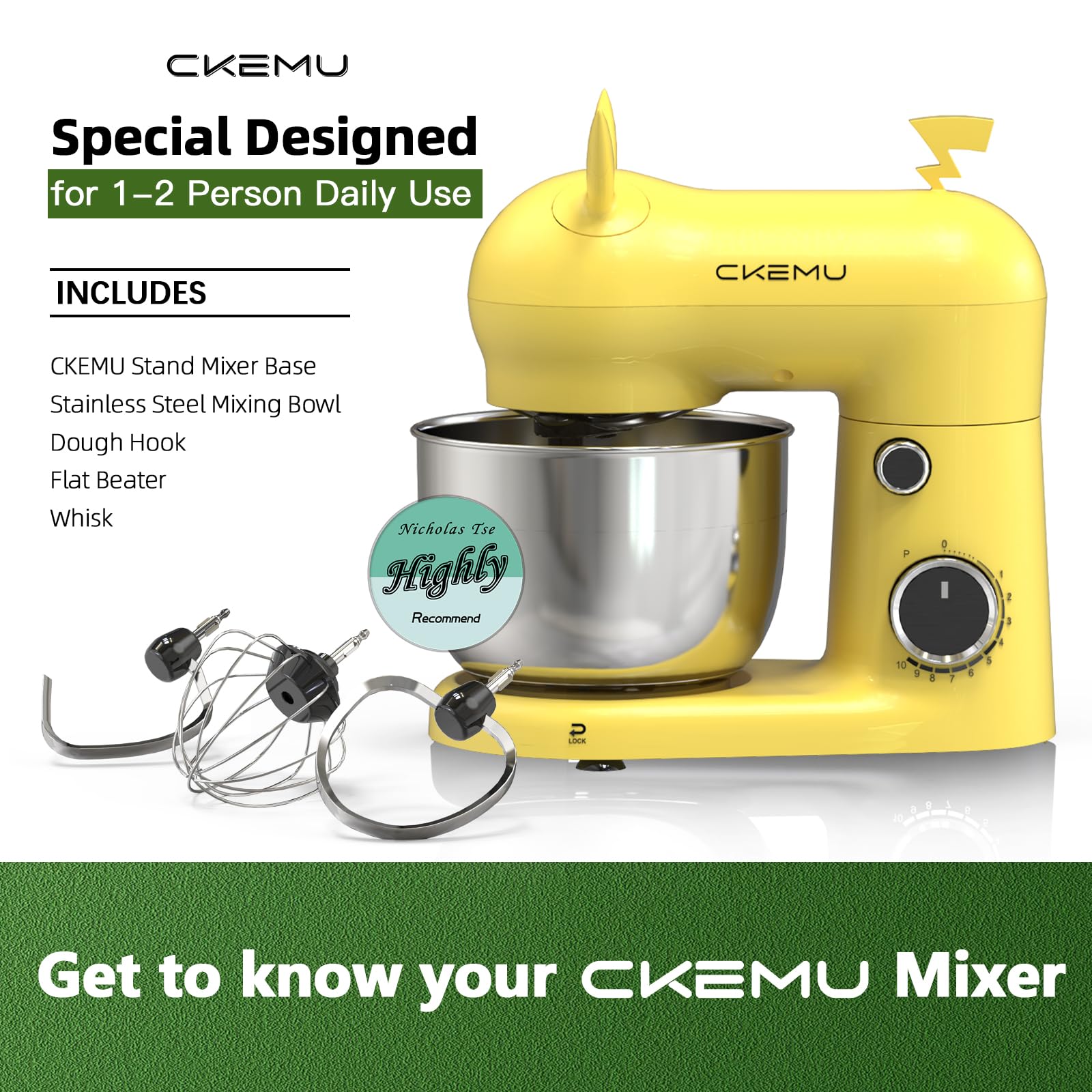 CKEMU Stand Mixer, Compact & Space-Saving, Stainless Steel Bowl, Unique & Playful Design, Effcient Motor, Dishwasher-Safe Attachments, SM-2549A (Yellow) view 2