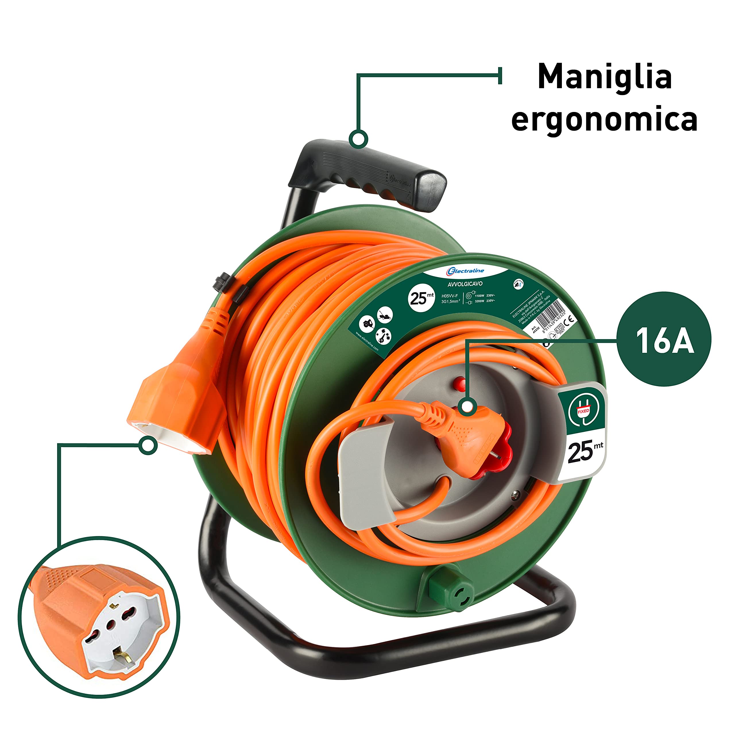 Electraline 49232 Uniwersalne gniazdo kablowe pasuje do urządzeń ogrodniczych, ochrona termiczna, 25mt., przekrój kabla 3G1,5 mm²
