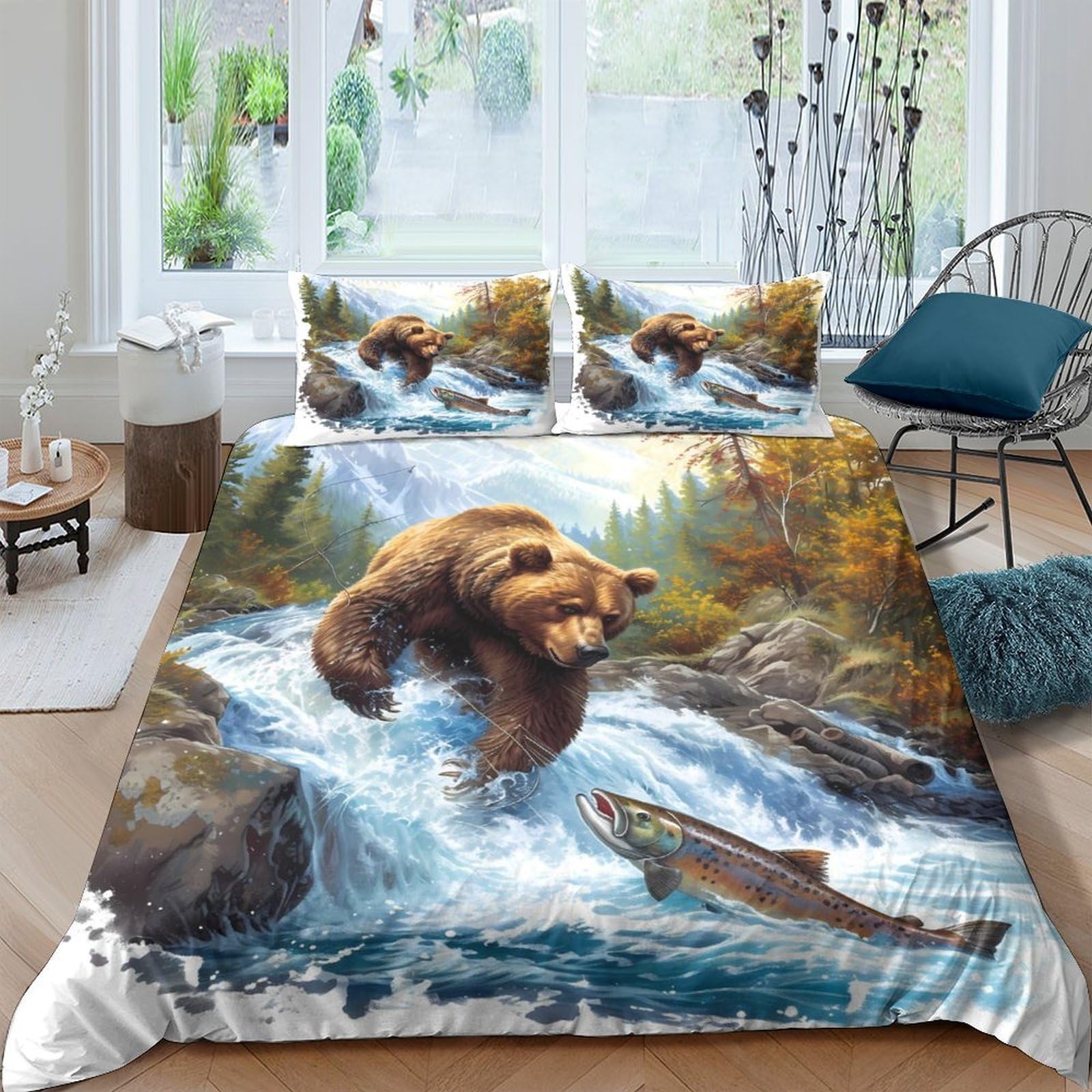 Ctjqhvkz Style-8 3D Printed Brown Bear River Fitted Sheet Microfiber Soft Breathable Salmon Forest Mattress Cover For Bedroom Dorm Decor Single（135X200cm）