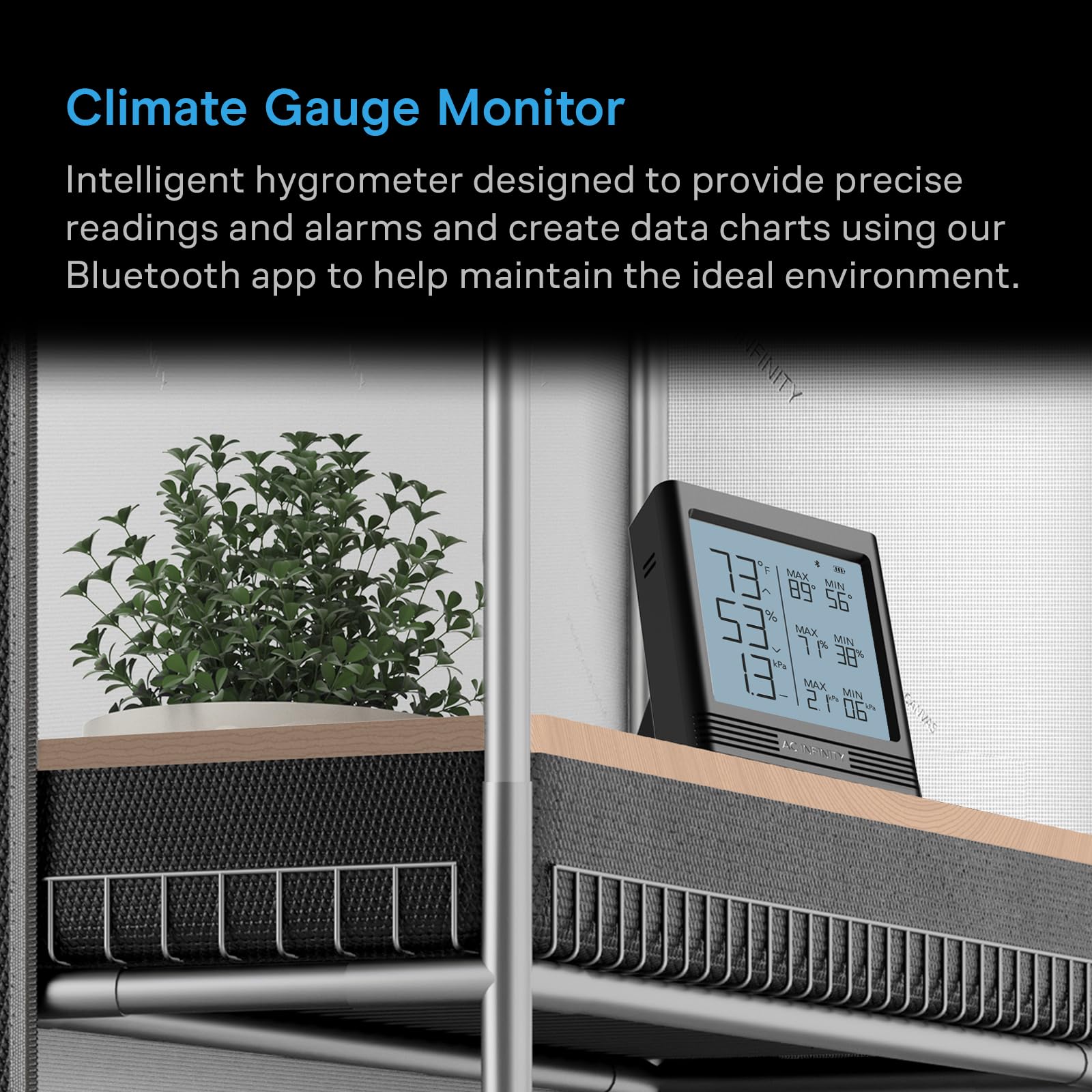 AC Infinity CLOUDCOM B2, inteligentny higrometr temperatury z wyświetlaczem LCD i monitorem aplikacji Bluetooth, termometr do piwnic, sal gitarowych, namiotów i szklarni