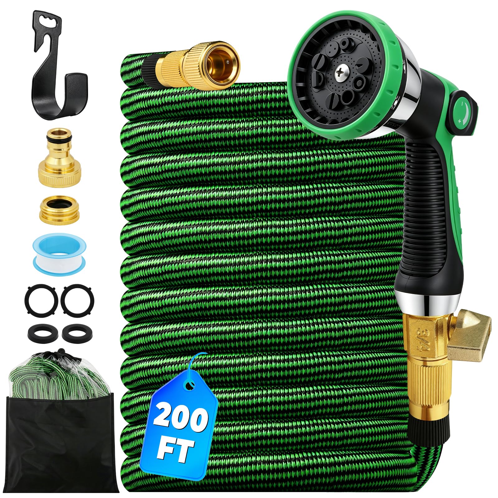 200Ft Expandable Garden Hose, 10 Function Sprayer Nozz, Flexible Garden Hose with 3/4 &1/2 Inch Solid Metal Fittings, Leakproof Lightweight Expanding Pipe for Yard,Outdoor (Green)