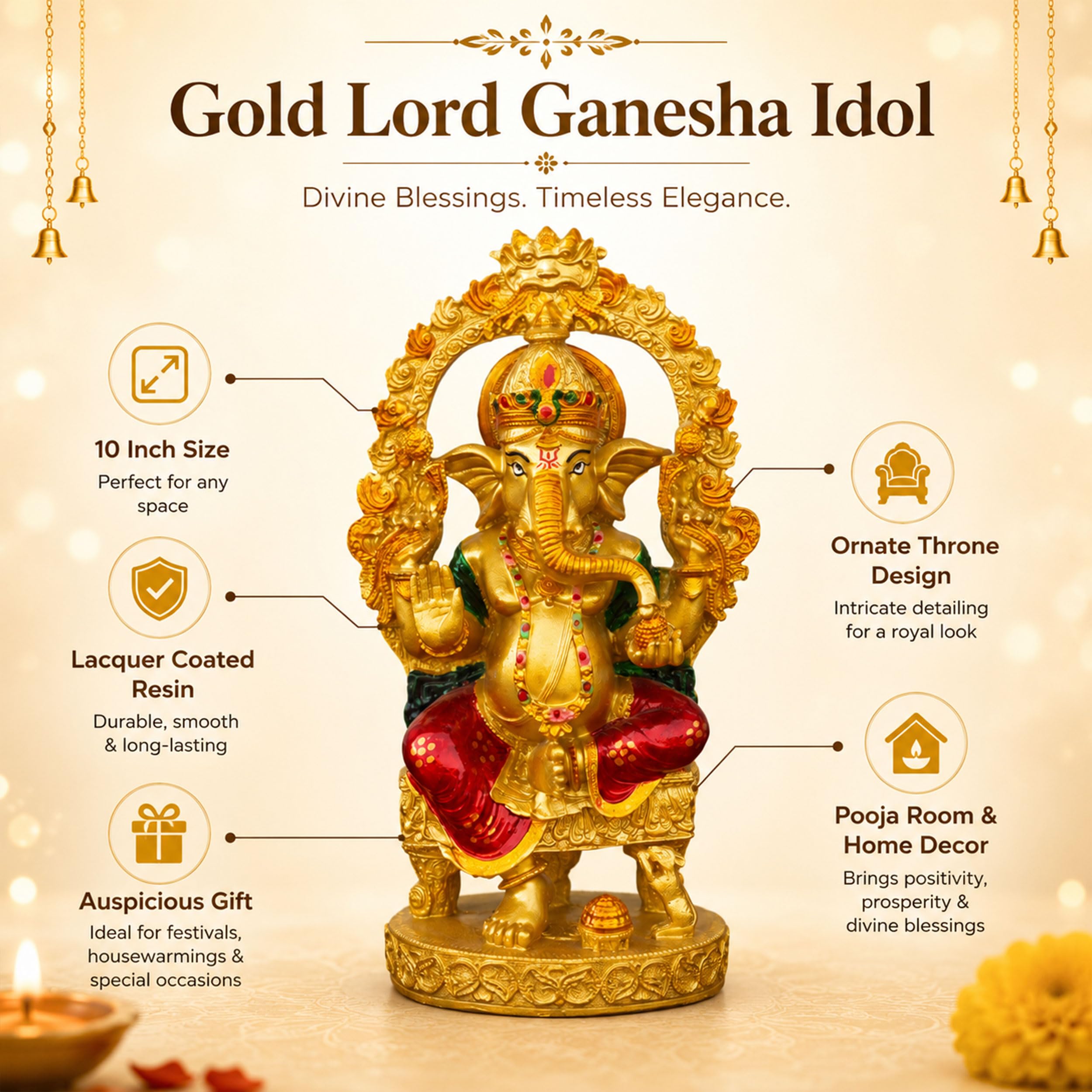 Gold Lord Ganesha Idol for Home Mandir Decor | 10 Inch Lacquer Coated Resin Ganpati Statue on Throne | Vinayaka Murti for Pooja Room Office Diwali Gift — photo — 7 of 7