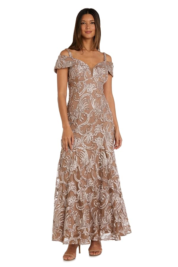 Long Embroidered Soutache Notch Front Godet Gown by R&M Richards - Used condition - US$122.55