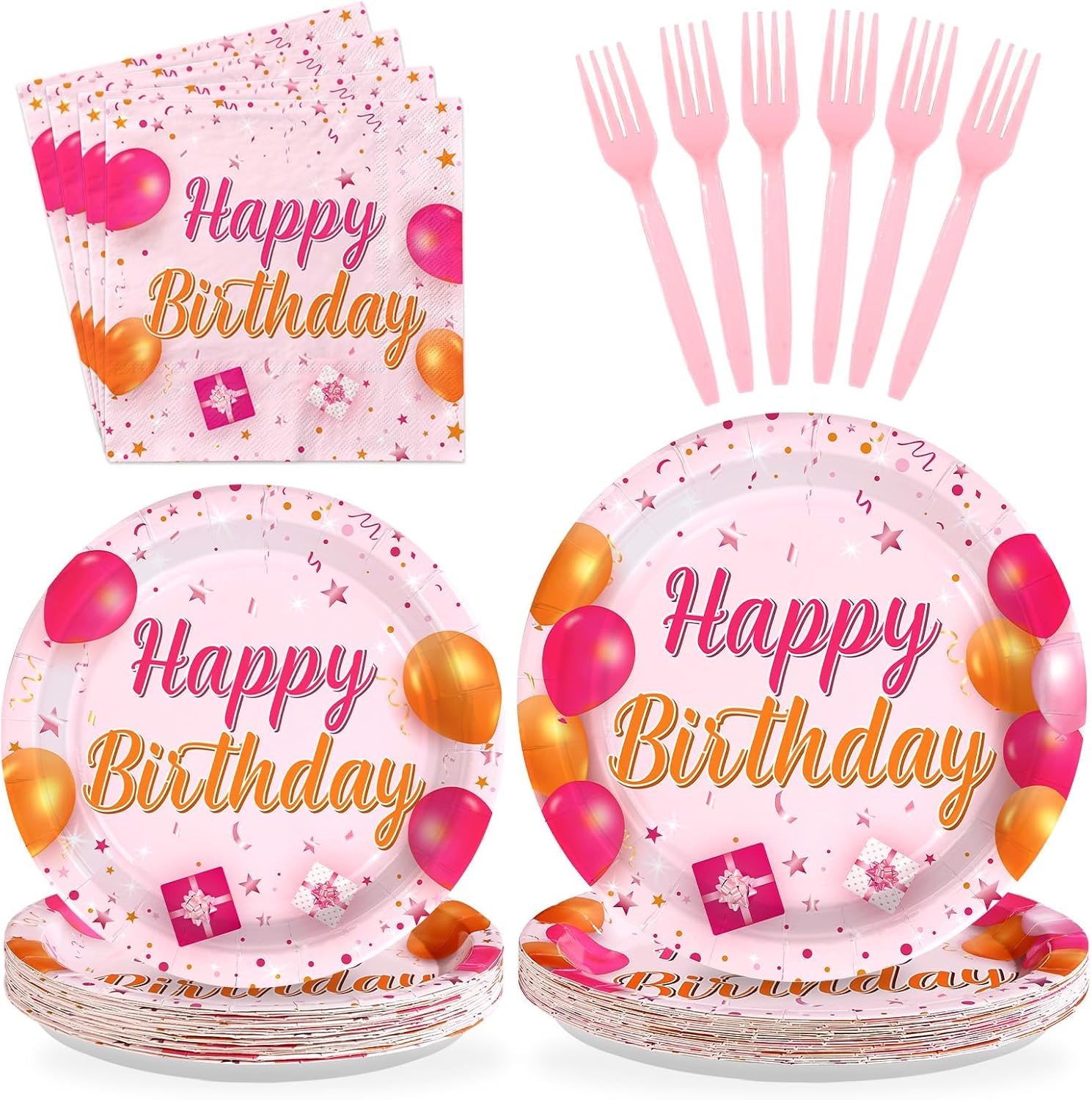 96Pcs Pink and Orange Birthday Party Decorations Pink and Orange Plates and Napkins Disposable Tableware Sets for Sunset Theme Birthday Party Decorations Serves 24