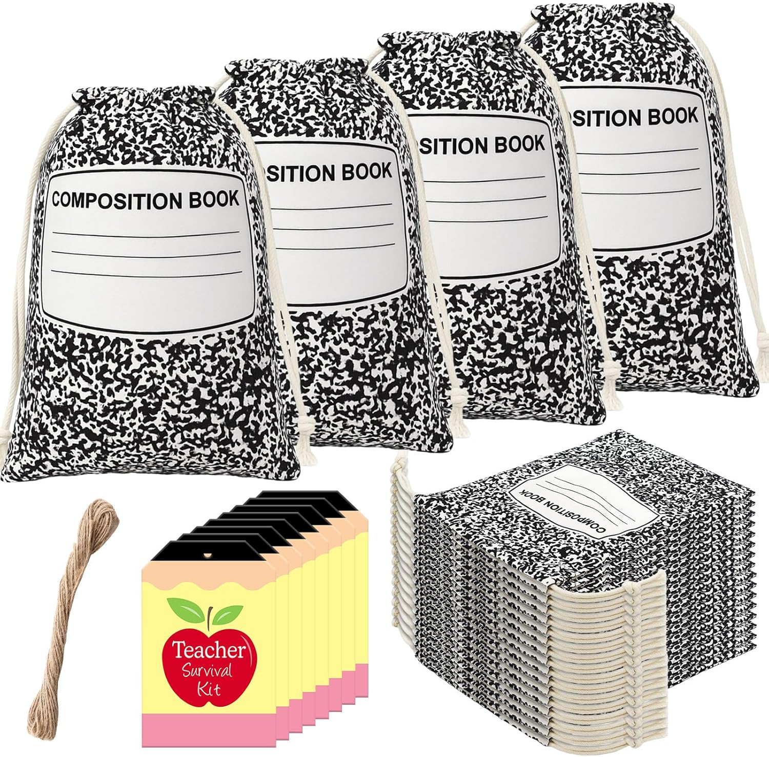 Sweetude 24 Set Teacher Appreciation Gifts Drawstring Bags Composition Notebook Bags with Tags Teacher Supplies Survival Kit Thank You Canvas Gift Wrap for Holiday Graduation Birthday Party