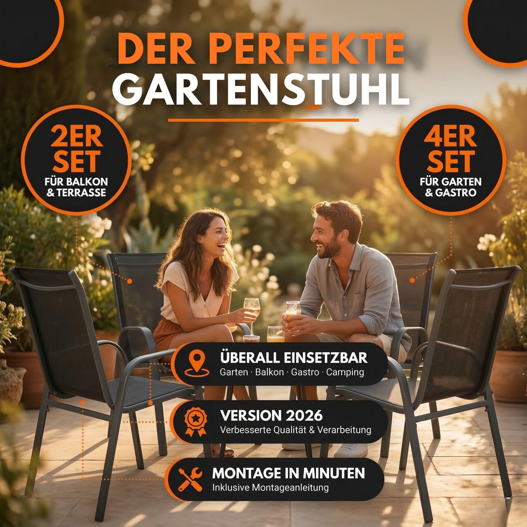 ALBATROS Gartenstühle 2er Set Kuba – stapelbar mit robustem Metallgestell - hohe Belastbarkeit – Bequeme Stapelstühle auch als Terrassenstühle oder Balkonstühle - verbesserte Version 2026