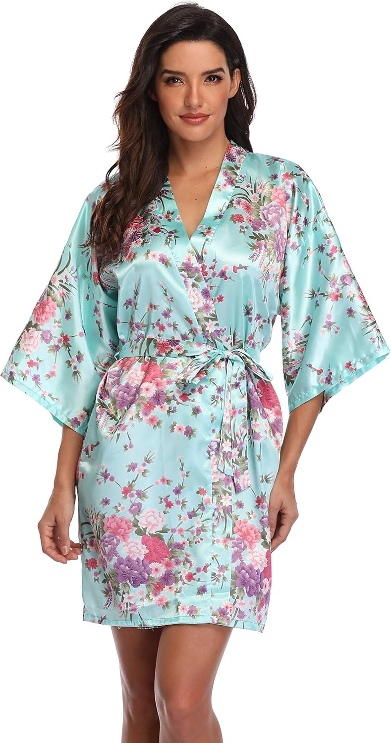 Women's Floral Bride Bridesmaids Robe Satin Wedding Kimono Bridal Dressing Gown Sleepwear - Image 3
