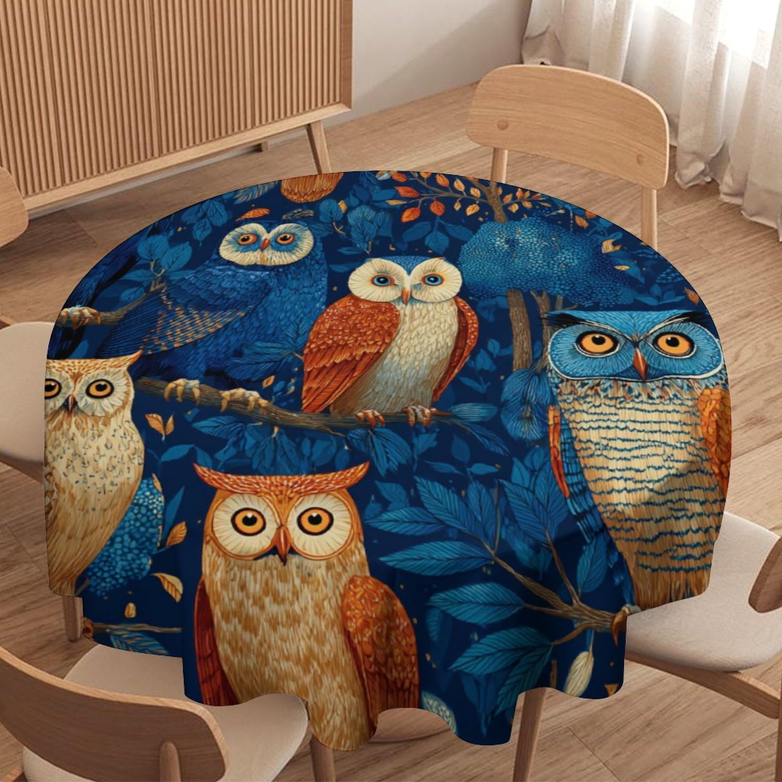 LUYYSKY Cute Abstract Owls Waterproof Round Tablecloth Vintage Minimalist Animals Owls Plant Trees Pattern Washable Table Cover for Kitchen-60 Wx60 L