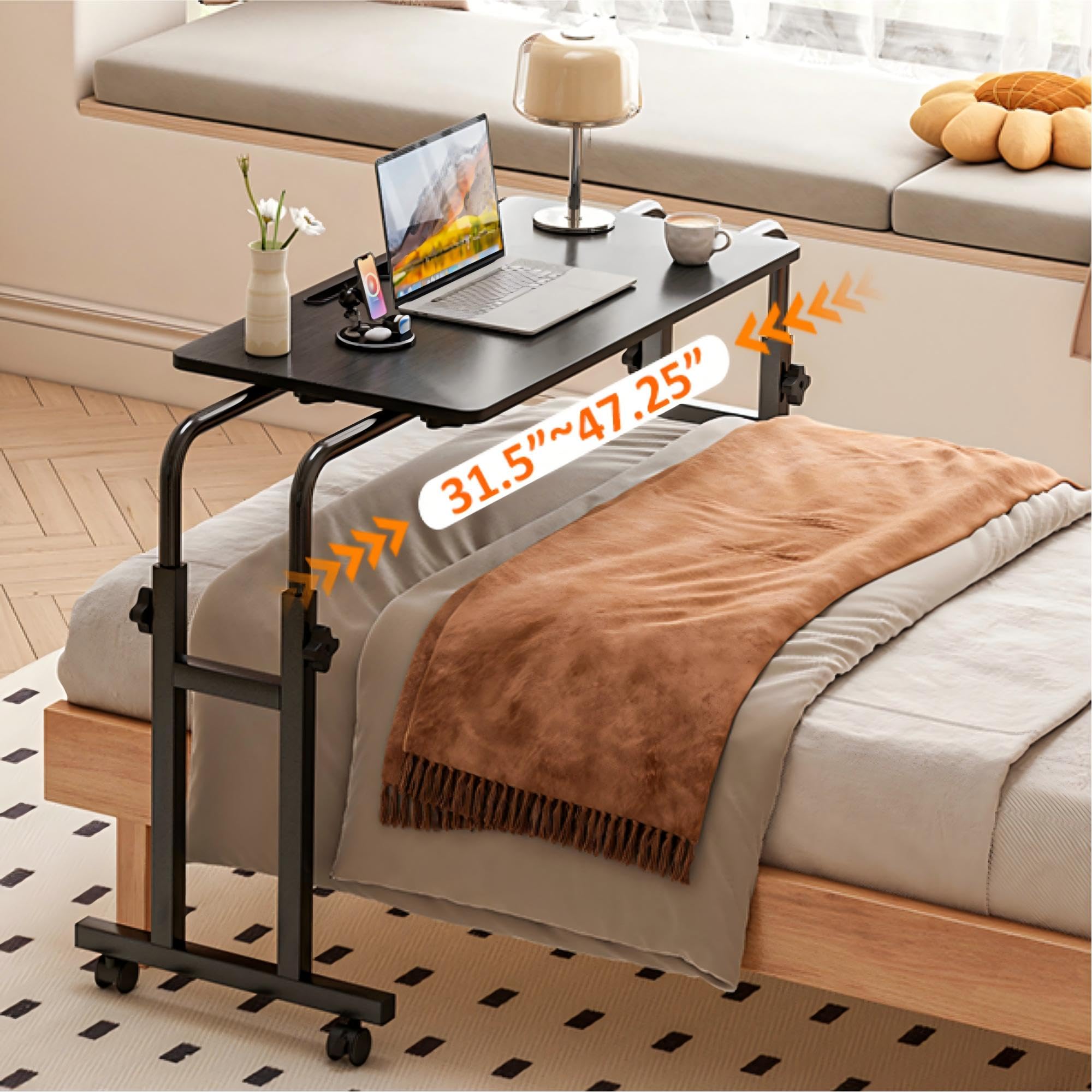LINGMI Table inclinable, table de lit avec roulettes, hauteur et longueur réglables, plateau de support pour ordinateur portable