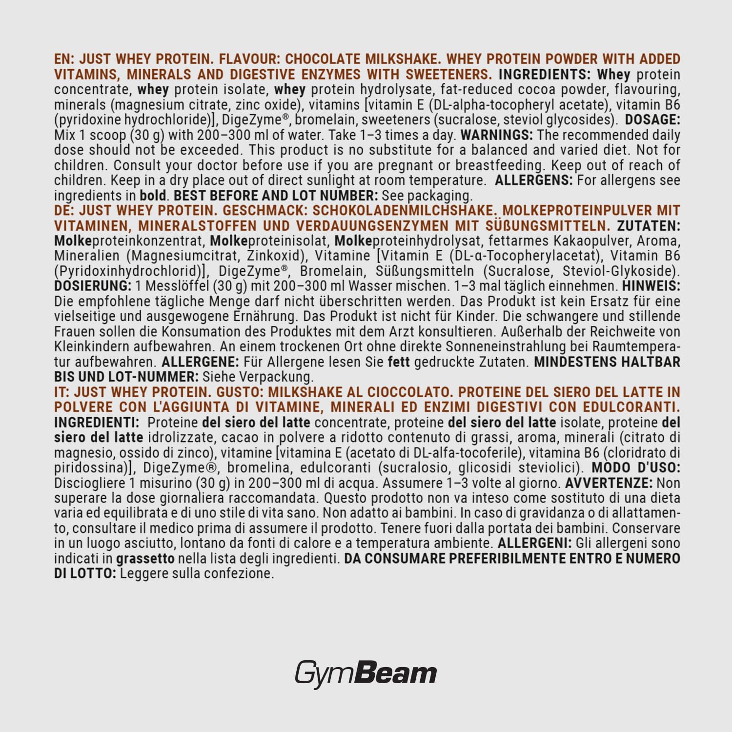 Just Whey Protein Pulver – aus Weide-Kuhmilch, mit DigeZyme® für bessere Verdauung, Mehrkomponenten Eiweißpulver mit essentiellen Aminosäuren & BCAAs – GymBeam (1000 g, Chocolate Milkshake)