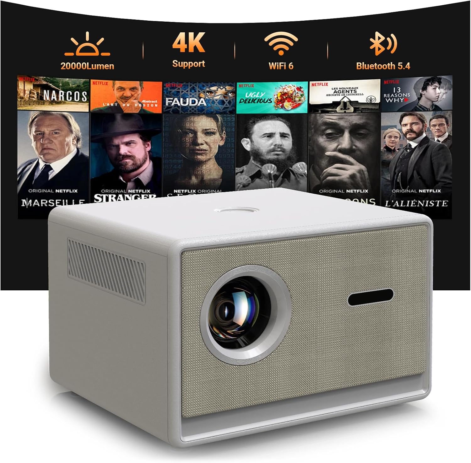Projector, Smart Projector with WiFi and Bluetooth, Projector 4K 1080P 120'' Screen Movie Projector Auto Keystone Compatible with HDMI/USB/Smartphone/PC/Laptop
