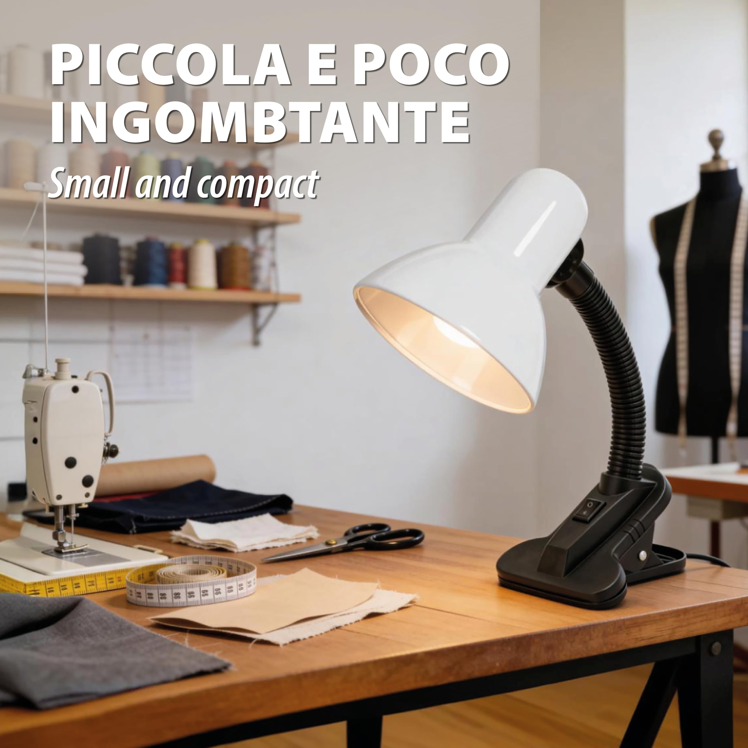Velamp Lampa z klipsem, E27, kompatybilna z LED, elastyczne ramię, z kablem i przełącznikiem, do pokoju dziecięcego, biurka, metalu, 6 W, biała