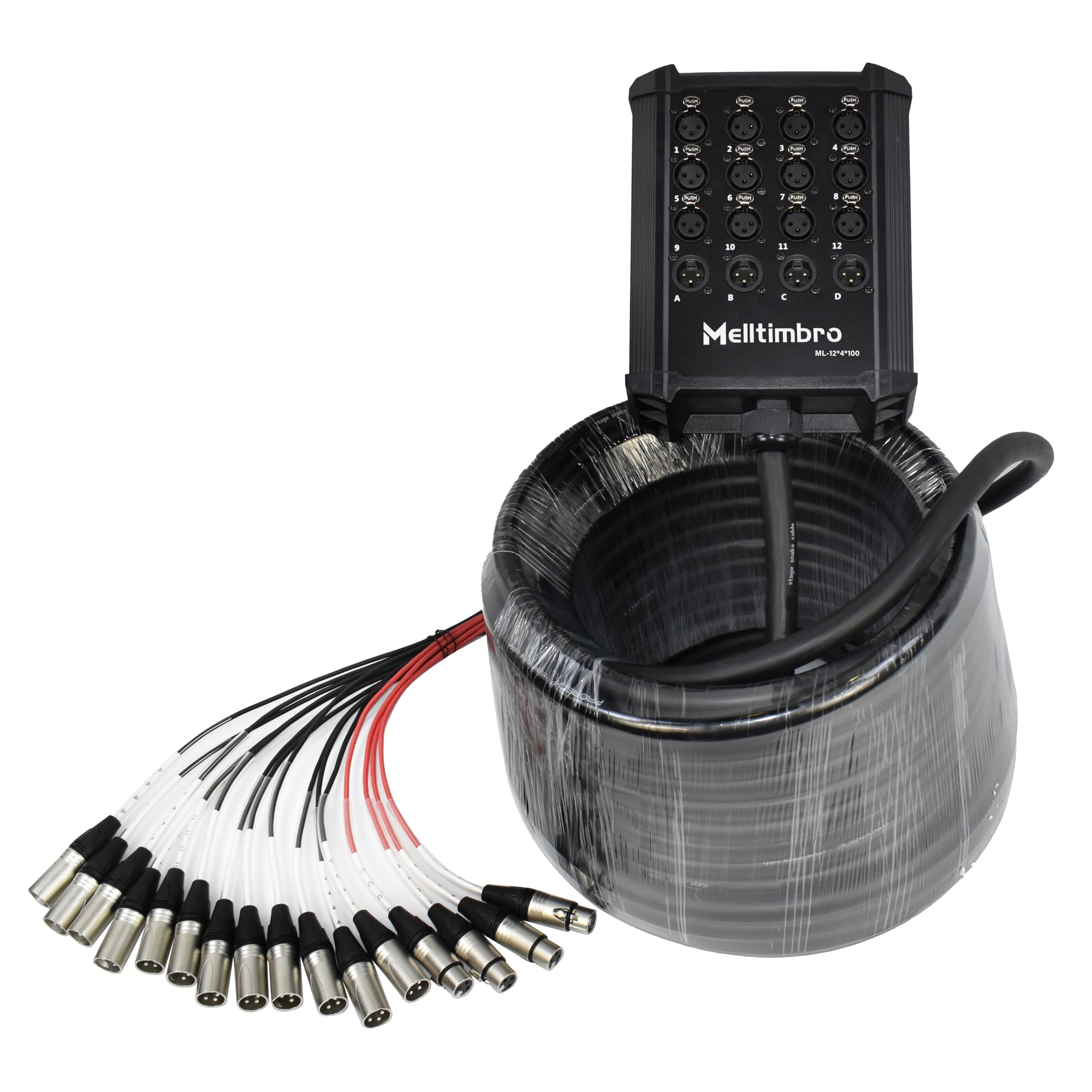 Flachbau-XLR-Sende-Leiterplatten-Snake-Kabel, kompakte XLR-Box-Snake für Live, Aufnahme, Bühne, Studio, 12 Kanäle 4 Rückkanäle 100 Fuß (30,48 m) lang