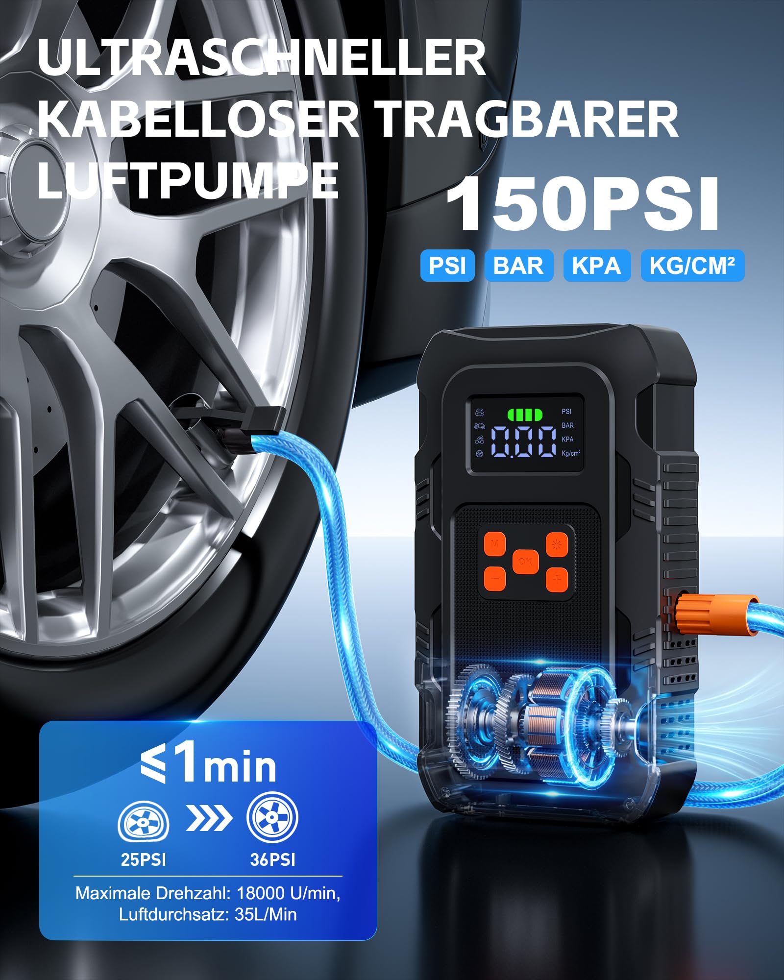 Povasee Booster Batterie Voiture avec Gonfleur Pneus Voiture 150PSI, Démarreur Batterie 12V pour 10L Essence/8L Diesel, Booster avec Arrêt Automatique, Lampe LED, Sortie USB (Orange)