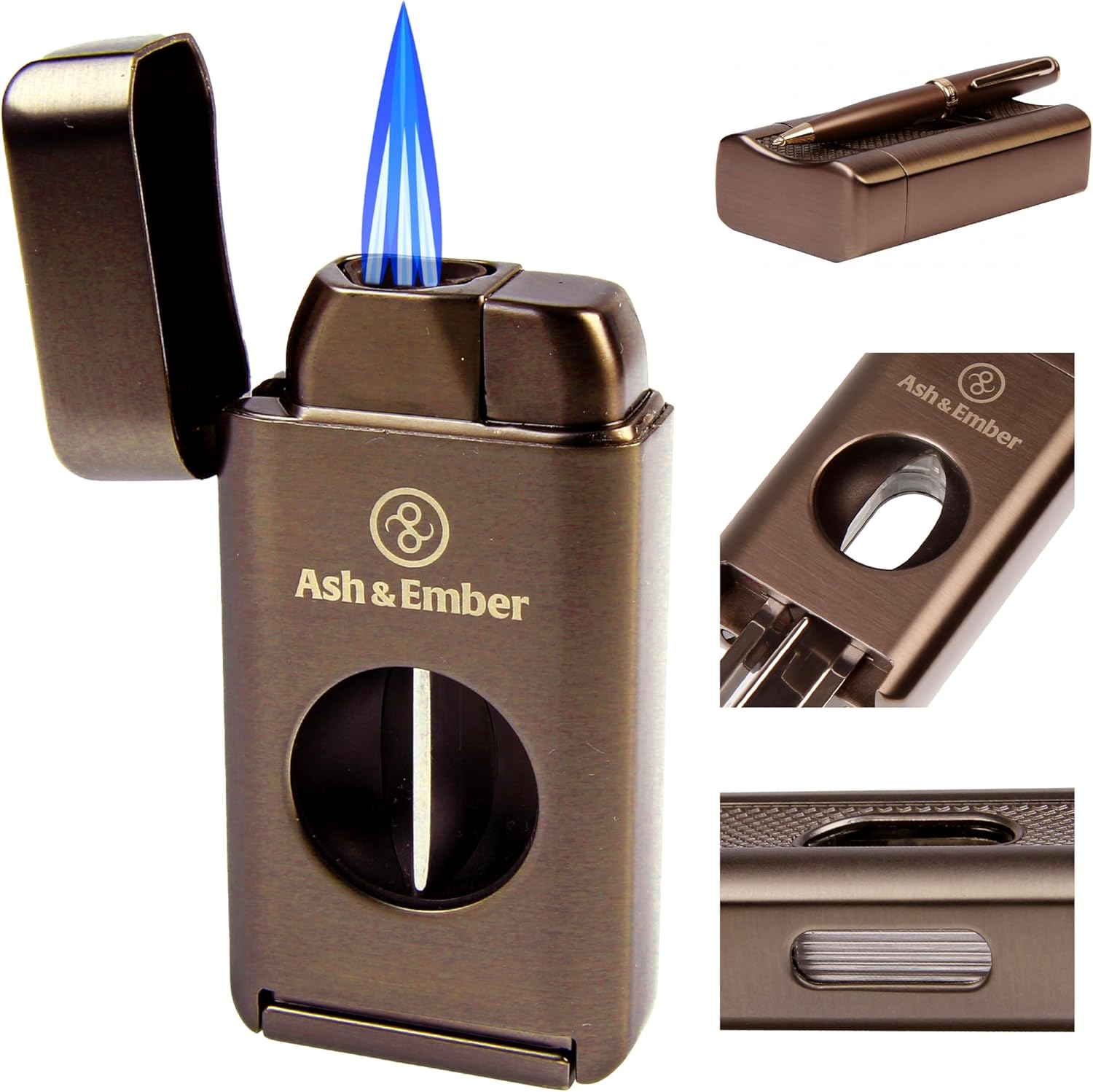 “Empire“ Cigar Lighter with V-Cutter & Cigar Rest – Triple Jet Cigar Lighter Butane Refillable, Windproof, Gunmetal Finish, Adjustable Flame, Visible Fuel Window, Gift for Men – Ash & Ember