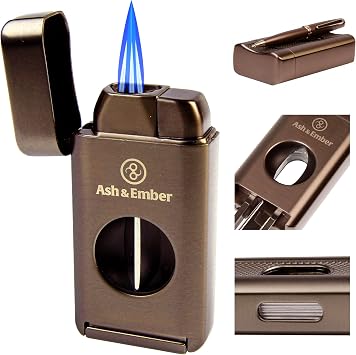 Empire Cigar Lighter with V-Cutter & Cigar Rest Triple Jet Cigar Lighter Butane Refillable, Windproof, Gunmetal Finish, Adjustable Flame, Visible Fuel Window, Gift for Men Ash & Ember
