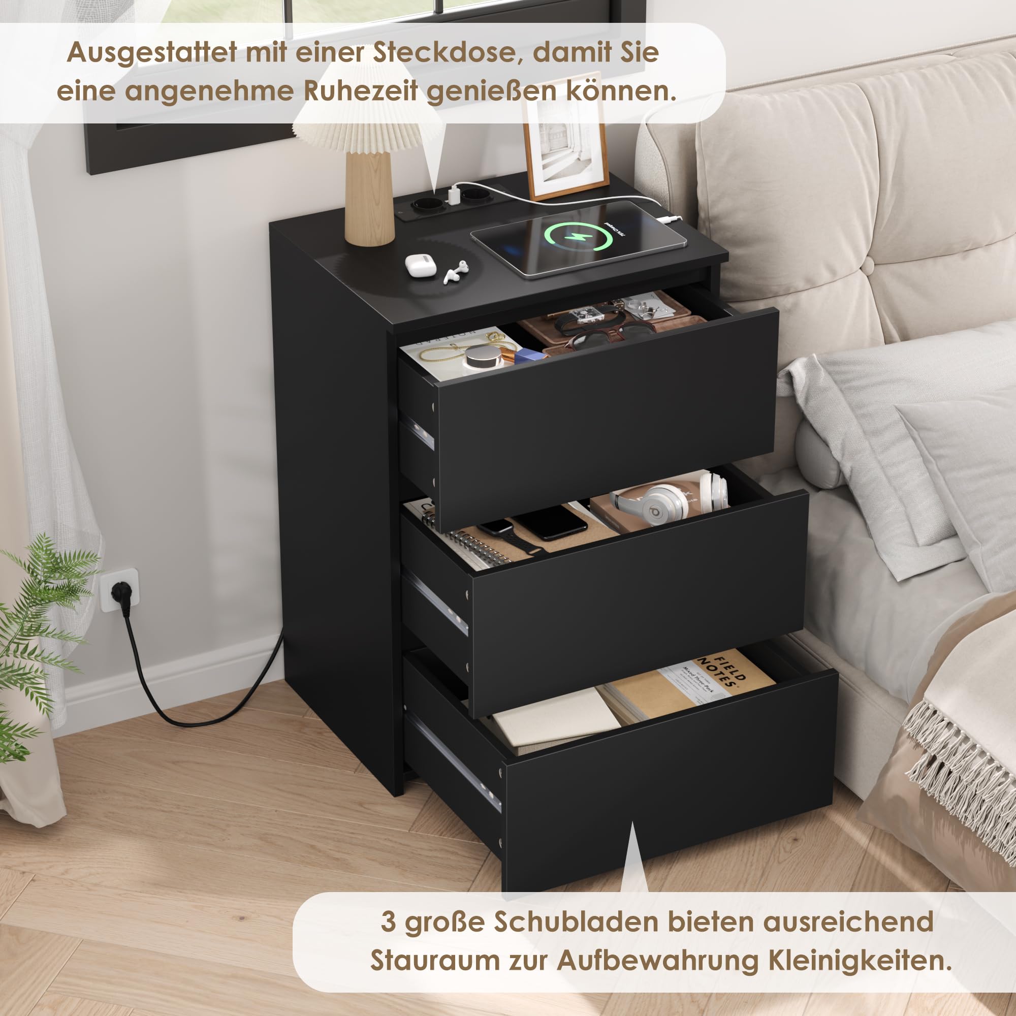 FirFurd Nachttisch mit Steckdosenleiste Nachtschrank 3 Schublade 45x38x66cm | Beistelltisch mit 2 AC-Steckdosen, 2 USB-Anschlüsse, 1,8 m Netzkabel, Nachtkommode für Schlafzimmer Wohnzimmer Büro, schwarz