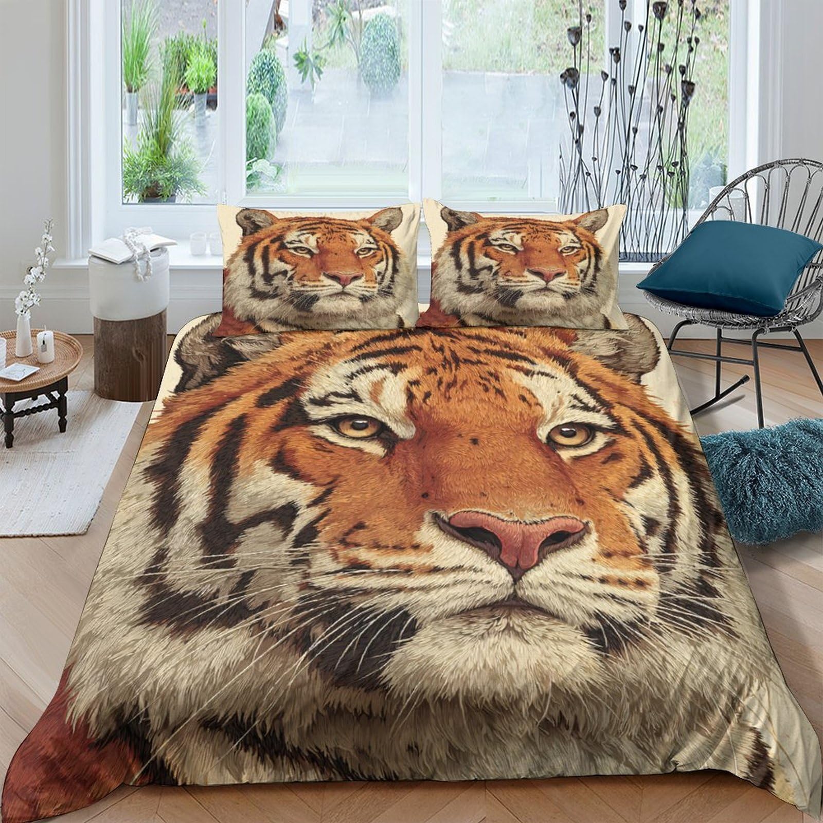 TUFRTGYHN 3D Printed Tiger Face Duvet Cover Microfiber Breathable Jungle Animal Bedding Set with 2 Pillowcases for Bedroom Decor Single（135x200cm）