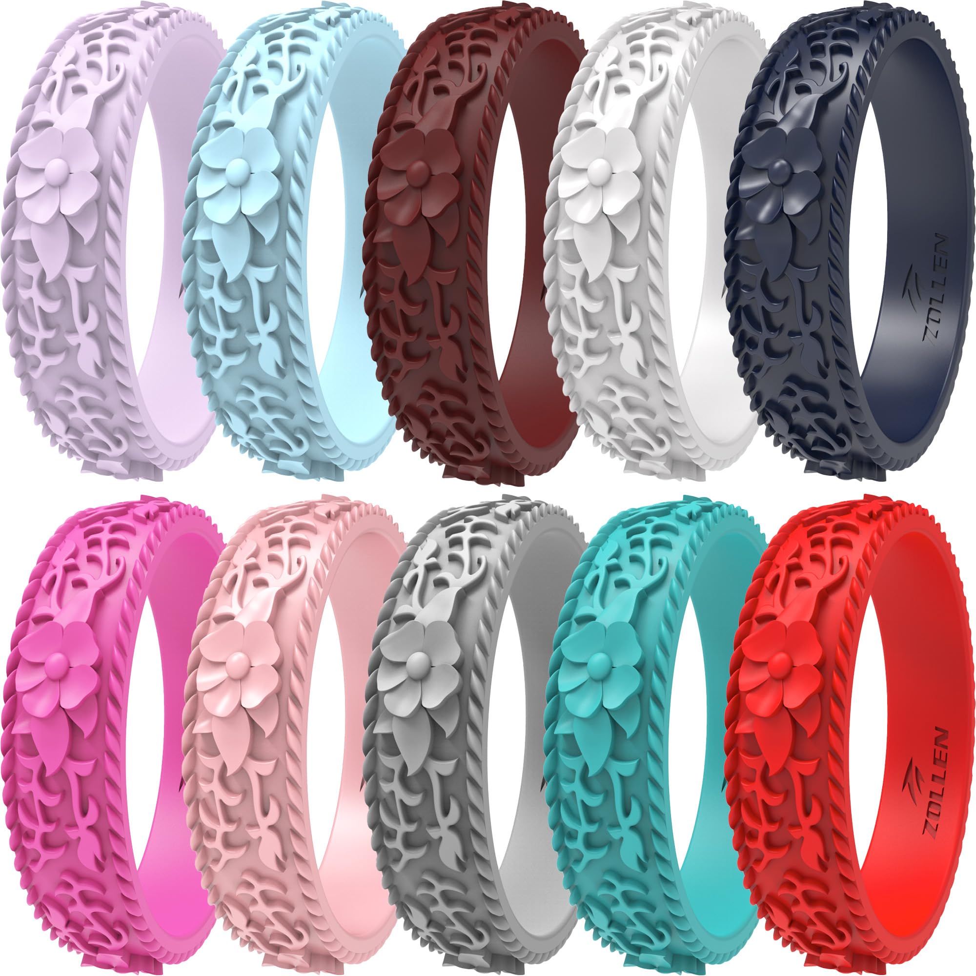 Silicone Wedding Rings for Women 1/4/7 Packs -Stackable Silicone Rubber Wedding Bands - Innovative Flower &amp; Vine Collection
