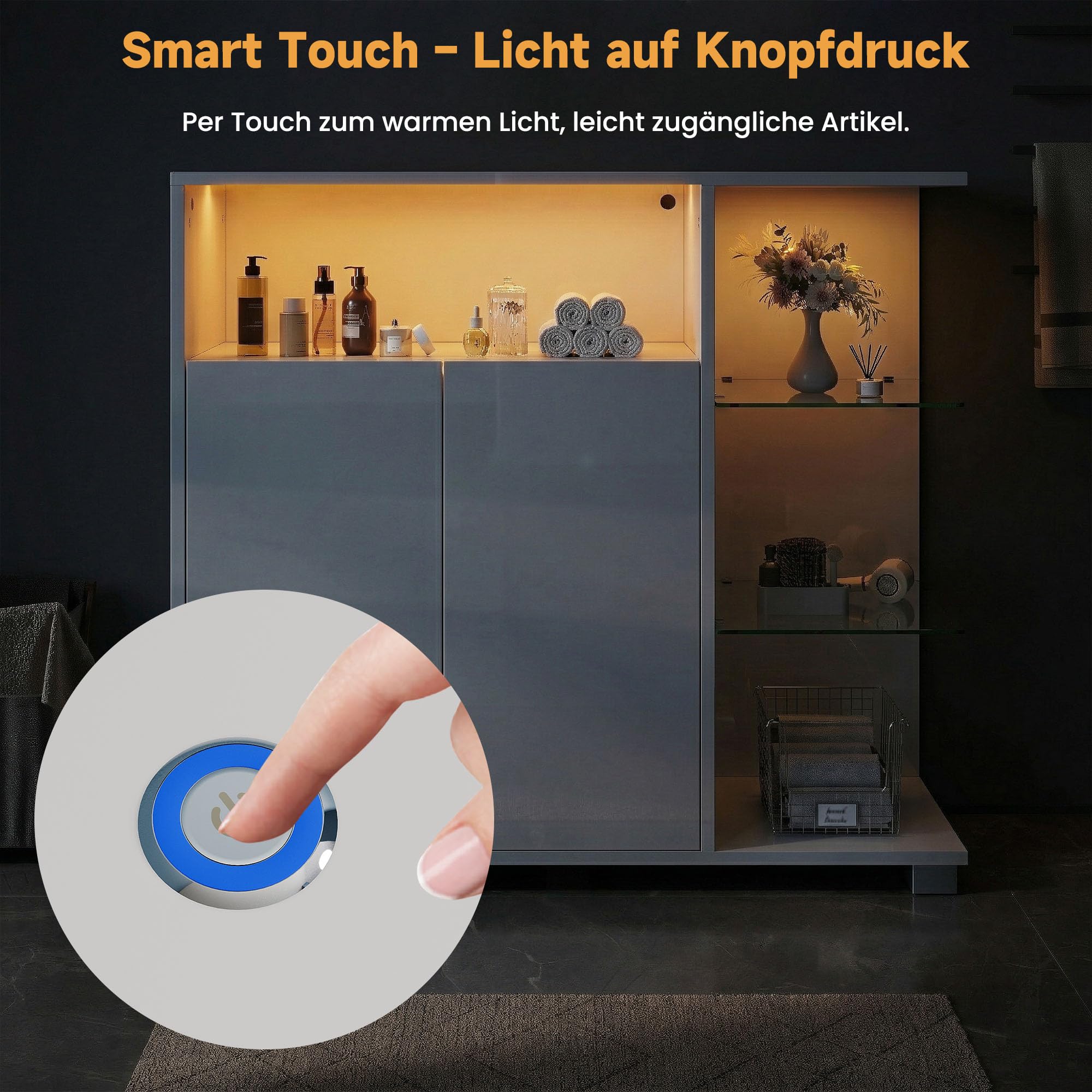 SONNI Sideboard Kommode mit LED 2 Türen 3 Glasregale 90x30x82cm Hochglanz | Verstellbarer Ablage Schrank, Komodenschrank, Wohnzimmermöbel, Wohnzimmerschrank für Badezimmer, Küche, Schlafzimmer, Weiß