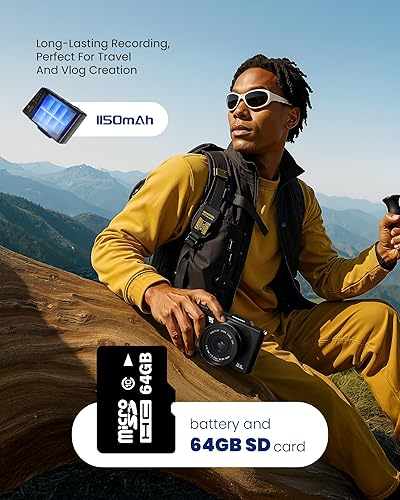 Miniatura 7 de Cámara digital 5K para fotografía  Cámara de vlogging de enfoque automático de 75 MP con tarjeta SD de 64 GB, WiFi, zoom de 18X, pantalla abatible