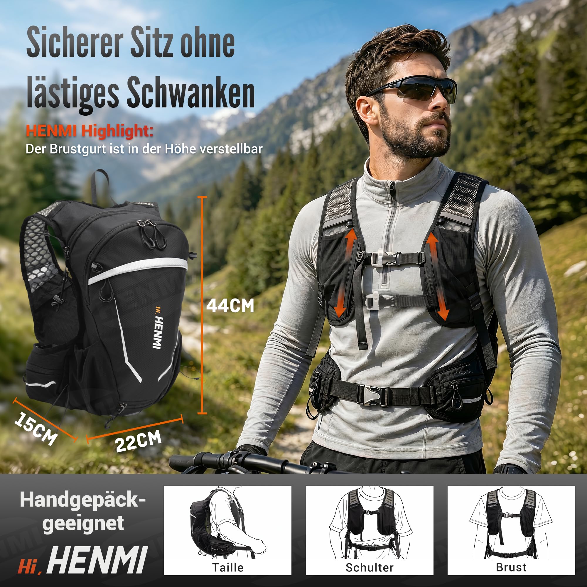 HENMI Fahrradrucksack 16L Ultraleicht & Atmungsaktiv 0,46kg – Wanderrucksack mit XPE Rückenbelüftung & Trinkblasenfach, Kleiner Rucksack mit Helmnetz & Regenhülle für MTB Radfahren Wandern