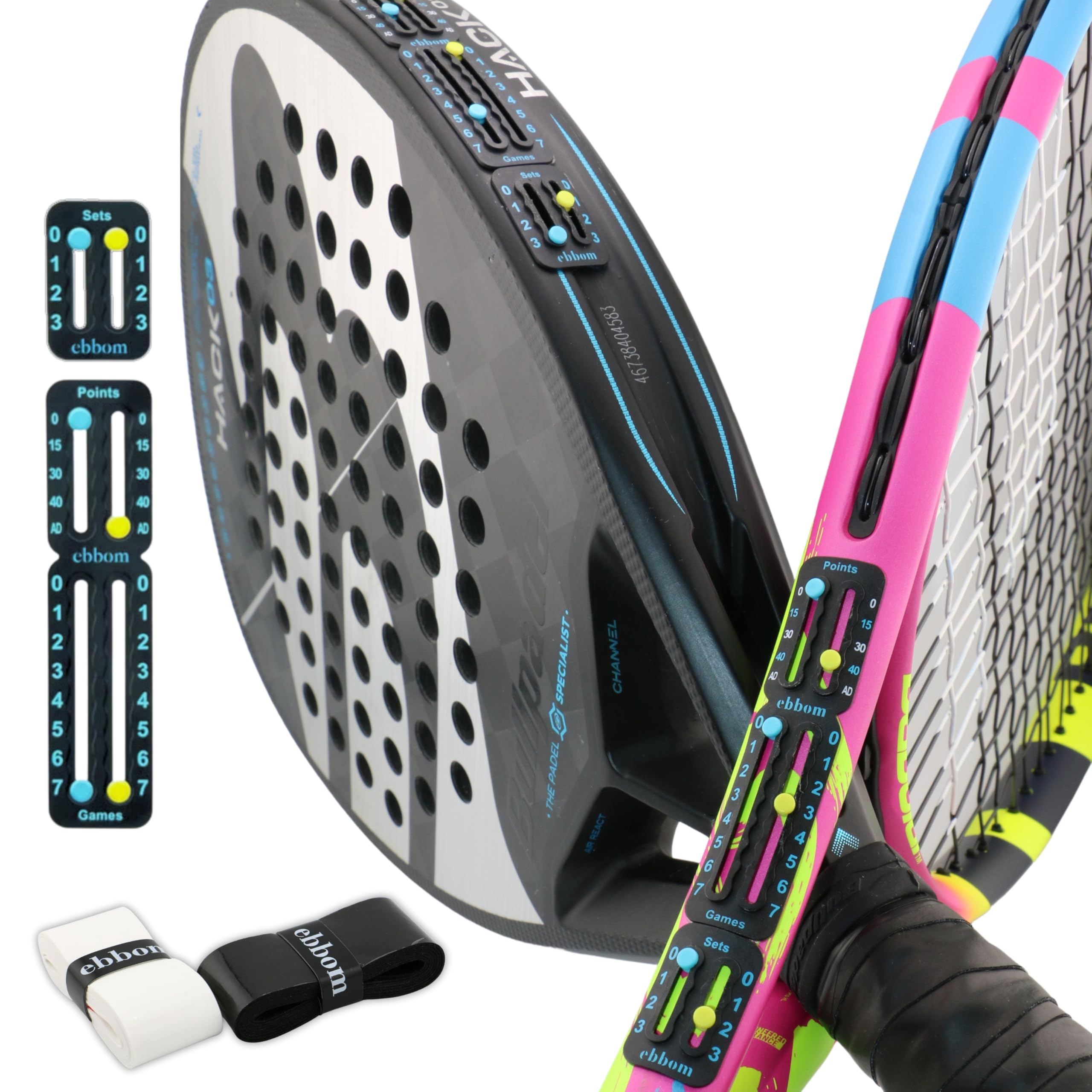 Compteur de Points Padel et Tennis Ultraléger avec Adhésif 3M - Inclus 2 Overgrips B/N et 1 Nettoyant – Adaptable à Toutes Les Raquettes et Palas – Accessoires Padel – Marqueur Padel