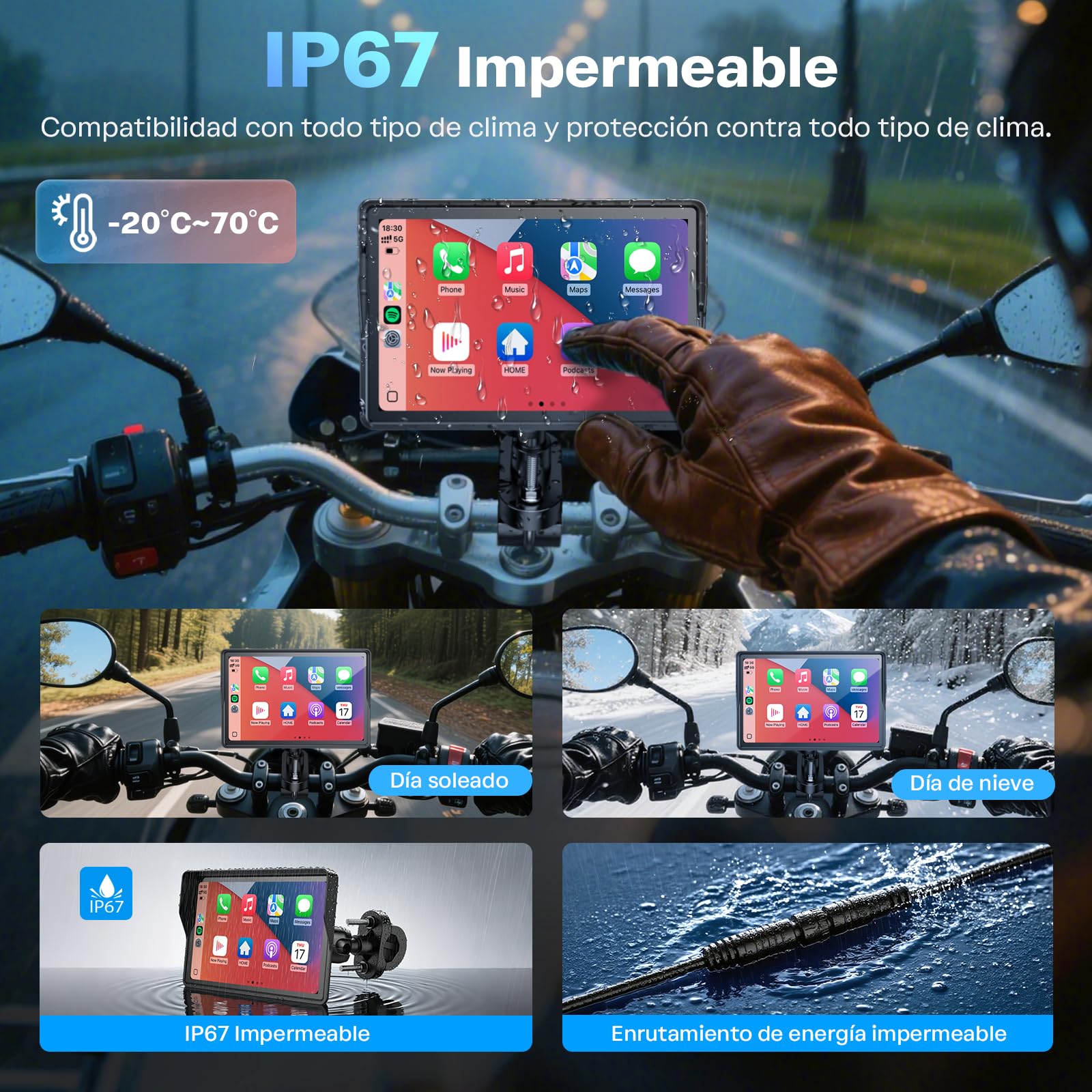 WonVon 5 Pulgadas CarPlay para Motocicleta Sistema de Navegación GPS con Apple CarPlay y Android Auto Pantalla Portátil con Doble Bluetooth, Navegación, Siri, Asistente de Google — view 5
