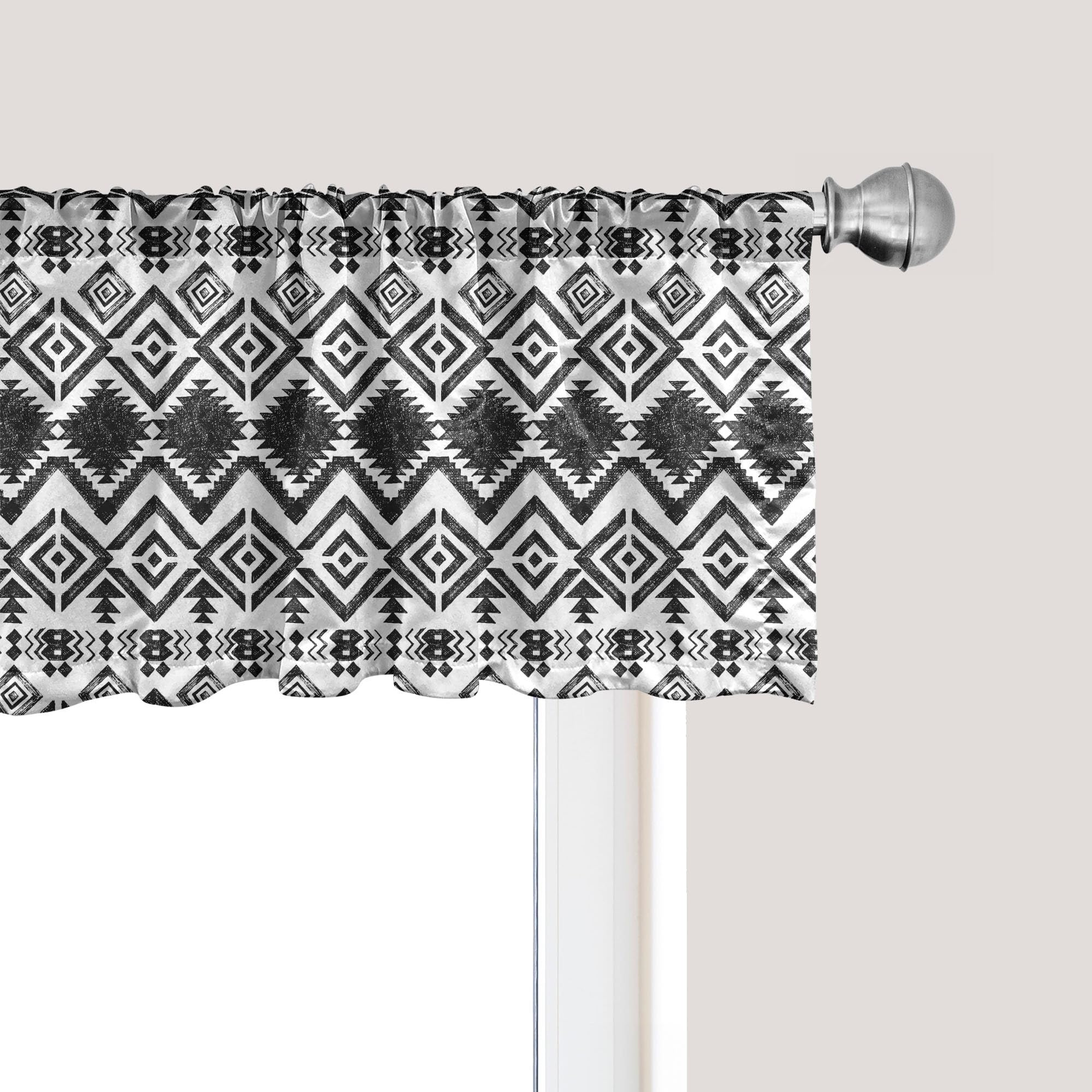 Ambesonne Tribal Window Valance Pack of 2, Black and White Hand-Drawn Tribal Sketched Mexican Aztec and Zigzags, Rod Pocket Curtain Valances for