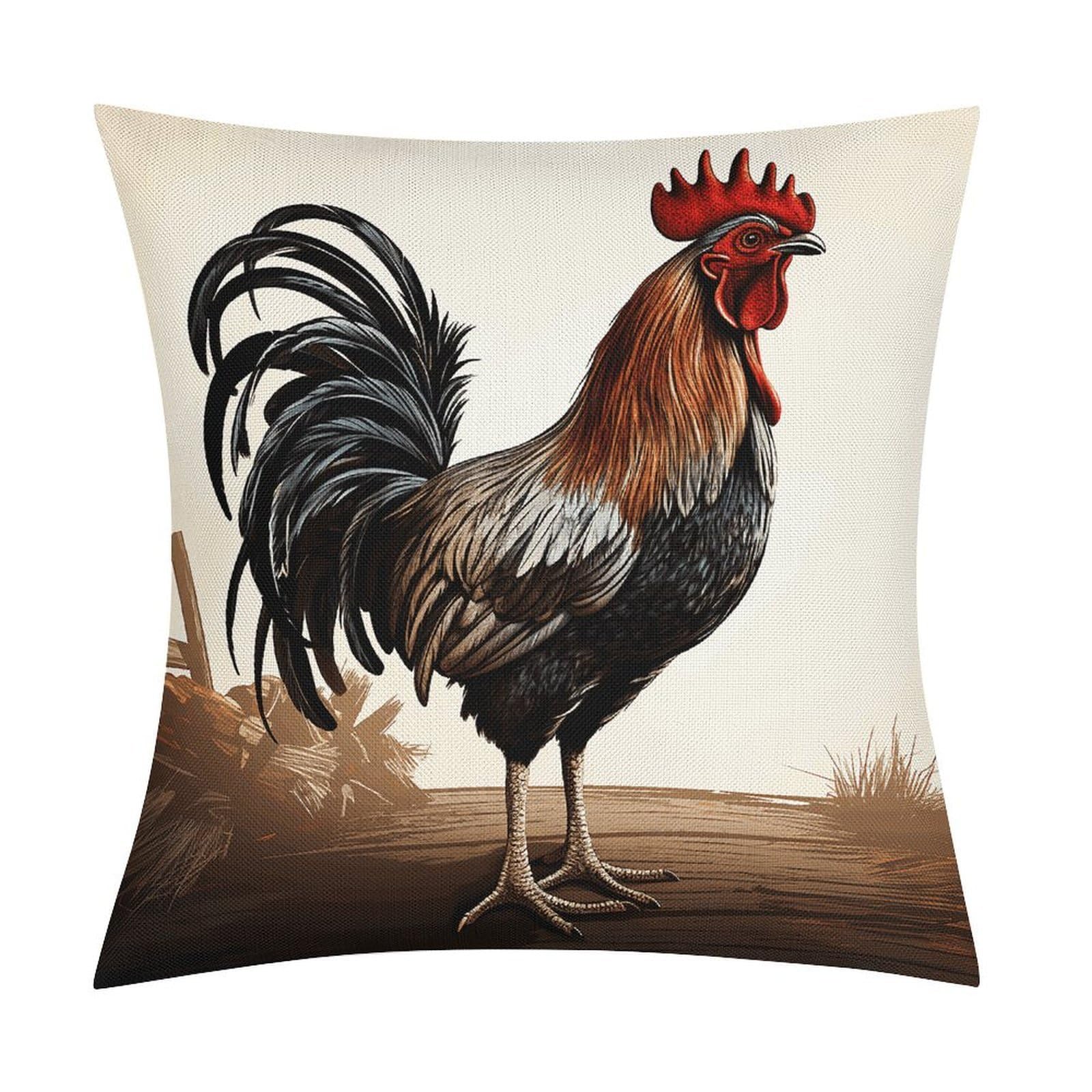 LZQPOEAS Rooster Throw Pillow Covers, Waterproof Faux Linen Pillow Cases with Invisible Zipper, Decorative Square Cushion Covers for Sofa Couch Living Room Bedroom 18x18 Inch